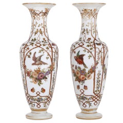 Pair of Opaline Glass Vases Painted with Birds and Flowers