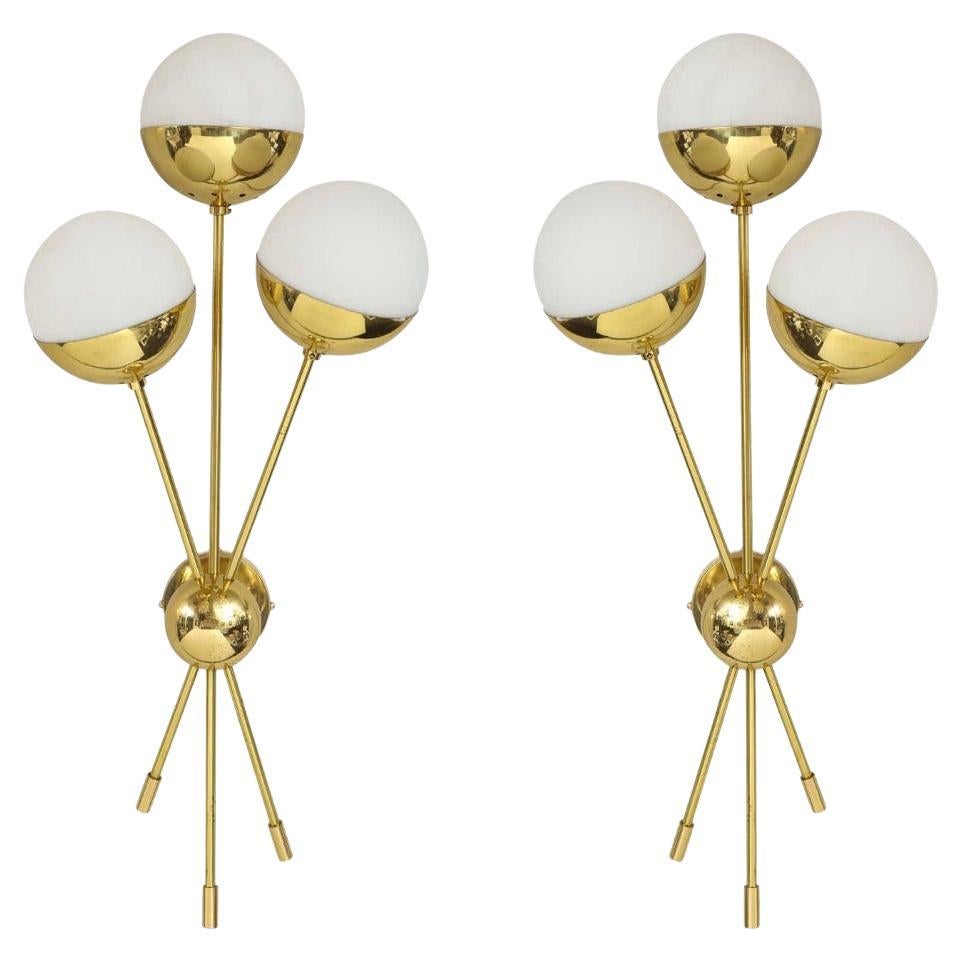 Pair of Opaline Globe Sconces in Polished Brass