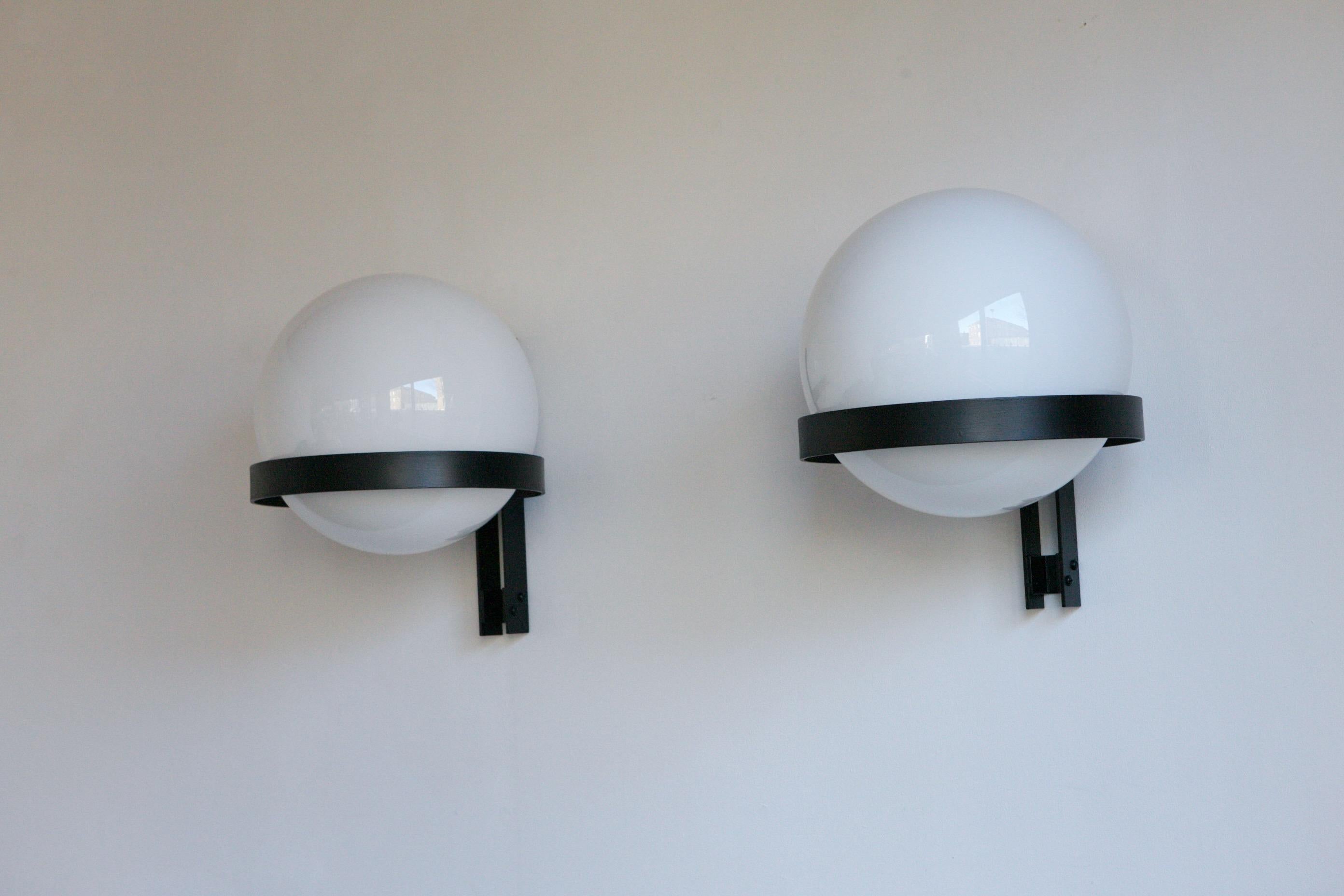 Steel Pair of Opaline Globe Wall Lights For Sale