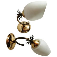 Vintage Pair of Opaline Milk White Glass and Brass Wall Sconces, France, 1950