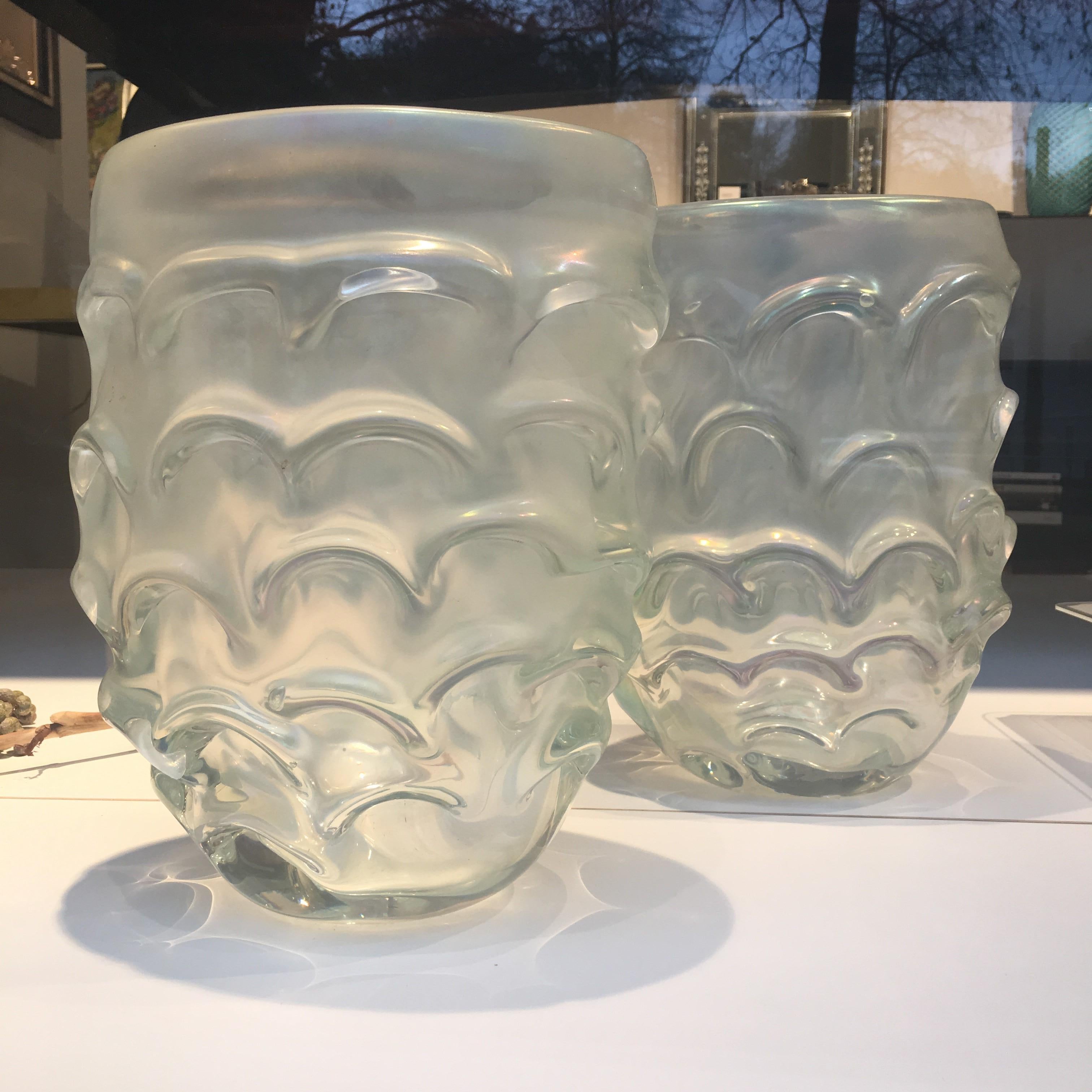 Pair of Opaline Murano Glass Vases Irisdescent Colored with Surreal Impression In Good Condition For Sale In Salzburg, AT