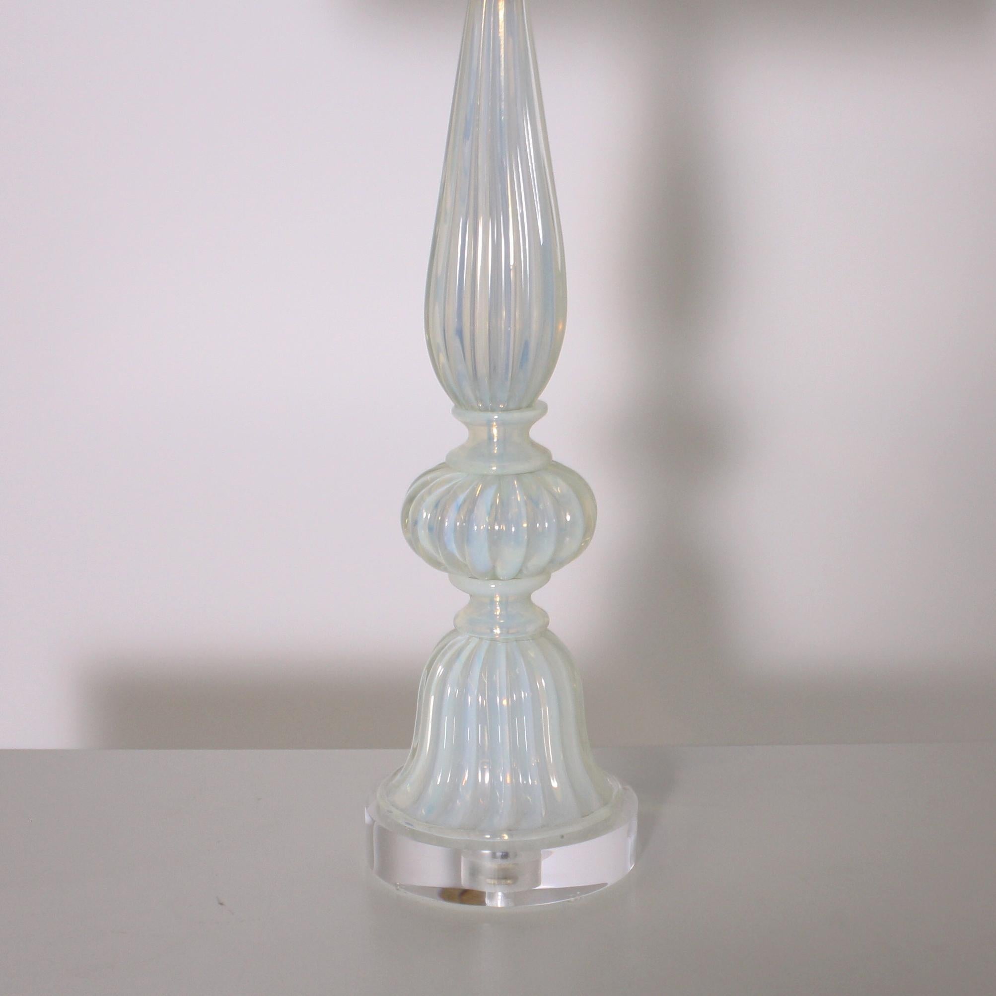 Pair of opaline Murano lamps, circa 1960

Custom linen shade, crystal ball finial, Lucite base, gold twisted cording.