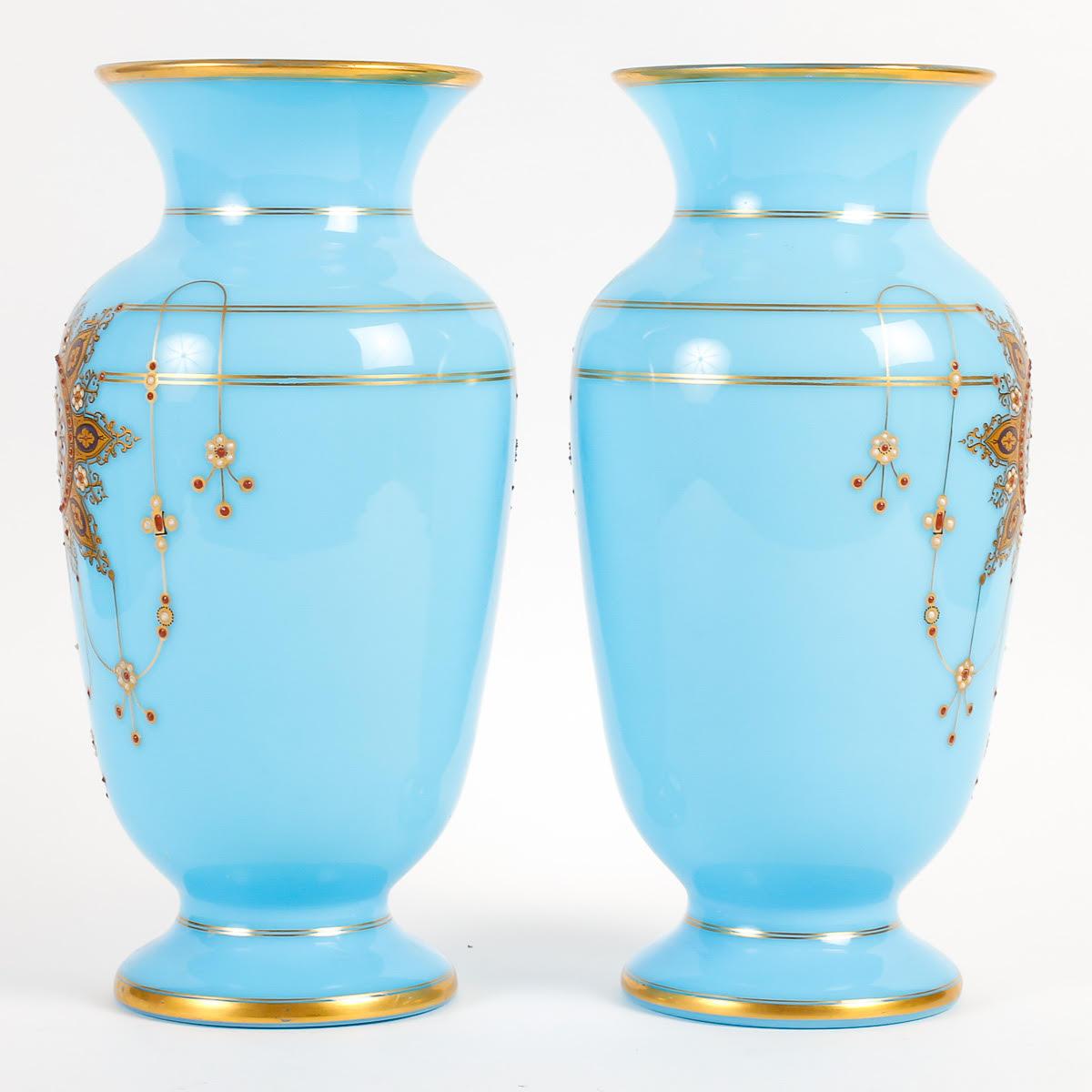French Pair of Opaline Vases, 19th Century, Napoleon III Style. For Sale