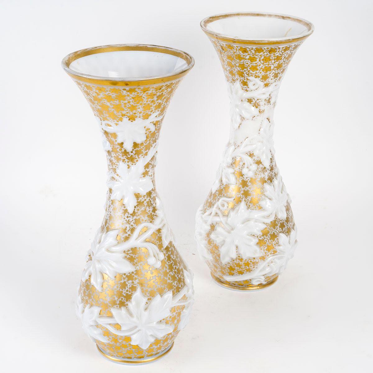 French Pair of Opaline Vases Enhanced with Gold, 19th Century, Napoleon III Period. For Sale