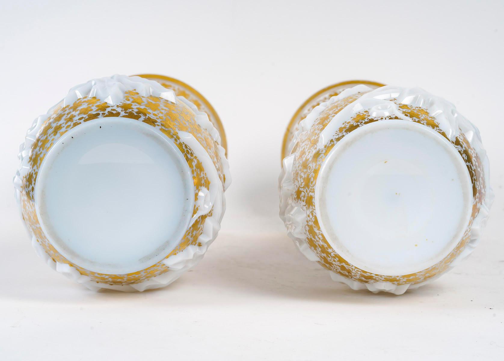 Pair of Opaline Vases Enhanced with Gold, 19th Century, Napoleon III Period. For Sale 2