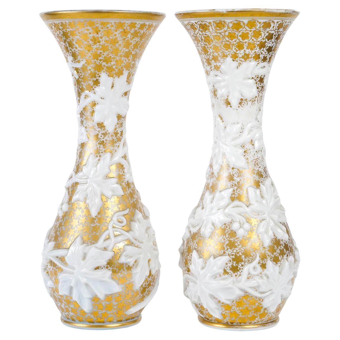 Pair of Opaline Vases Enhanced with Gold, 19th Century, Napoleon III Period. For Sale