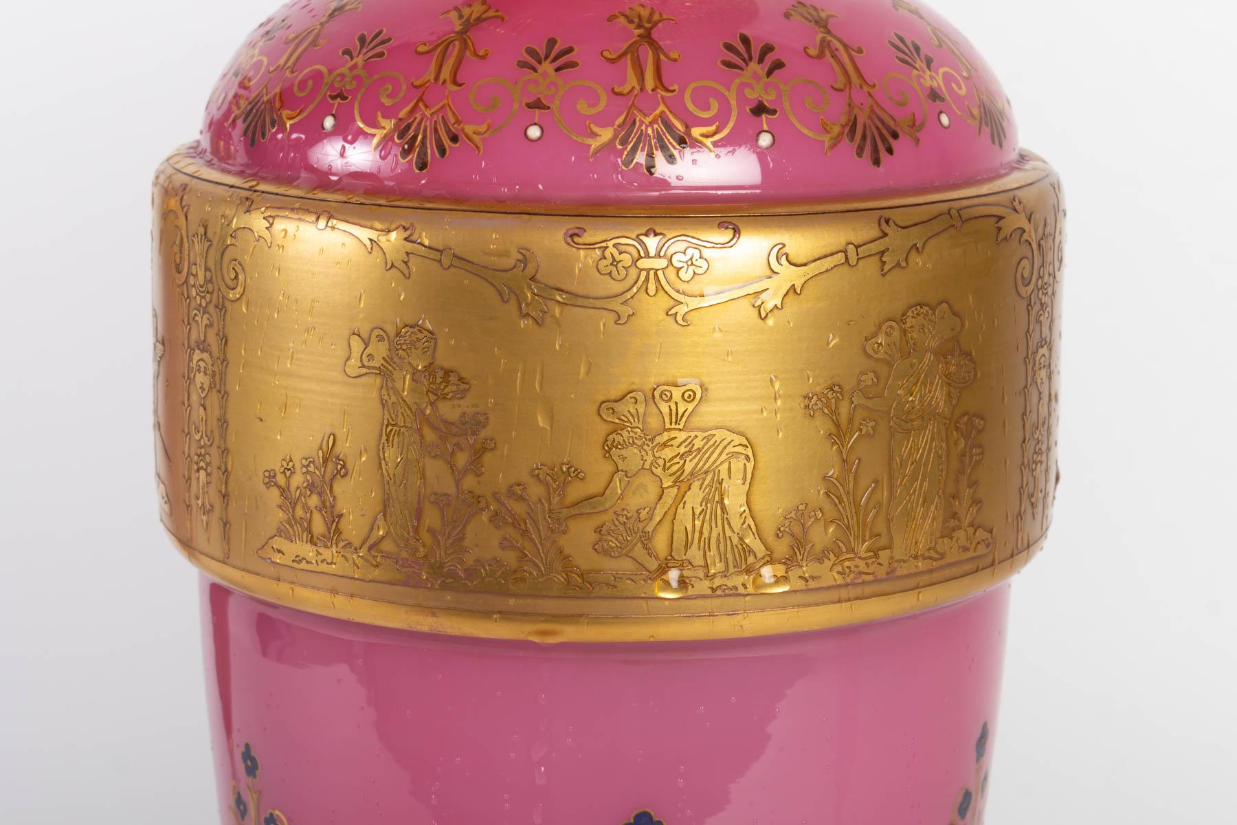 Pair of Opaline Vases, Moser, Lined with White and Pink Opaline 2