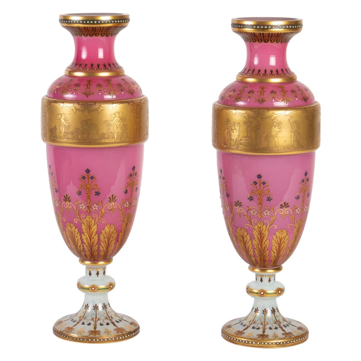 Pair of Opaline Vases, Moser, Lined with White and Pink Opaline For Sale