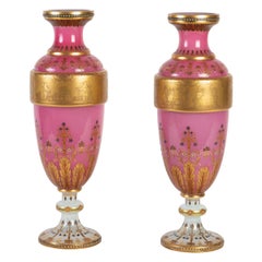 Antique Pair of Opaline Vases, Moser, Lined with White and Pink Opaline