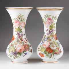 Pair of Opaline Vases Painted with Floral Motifs, 19th Century.