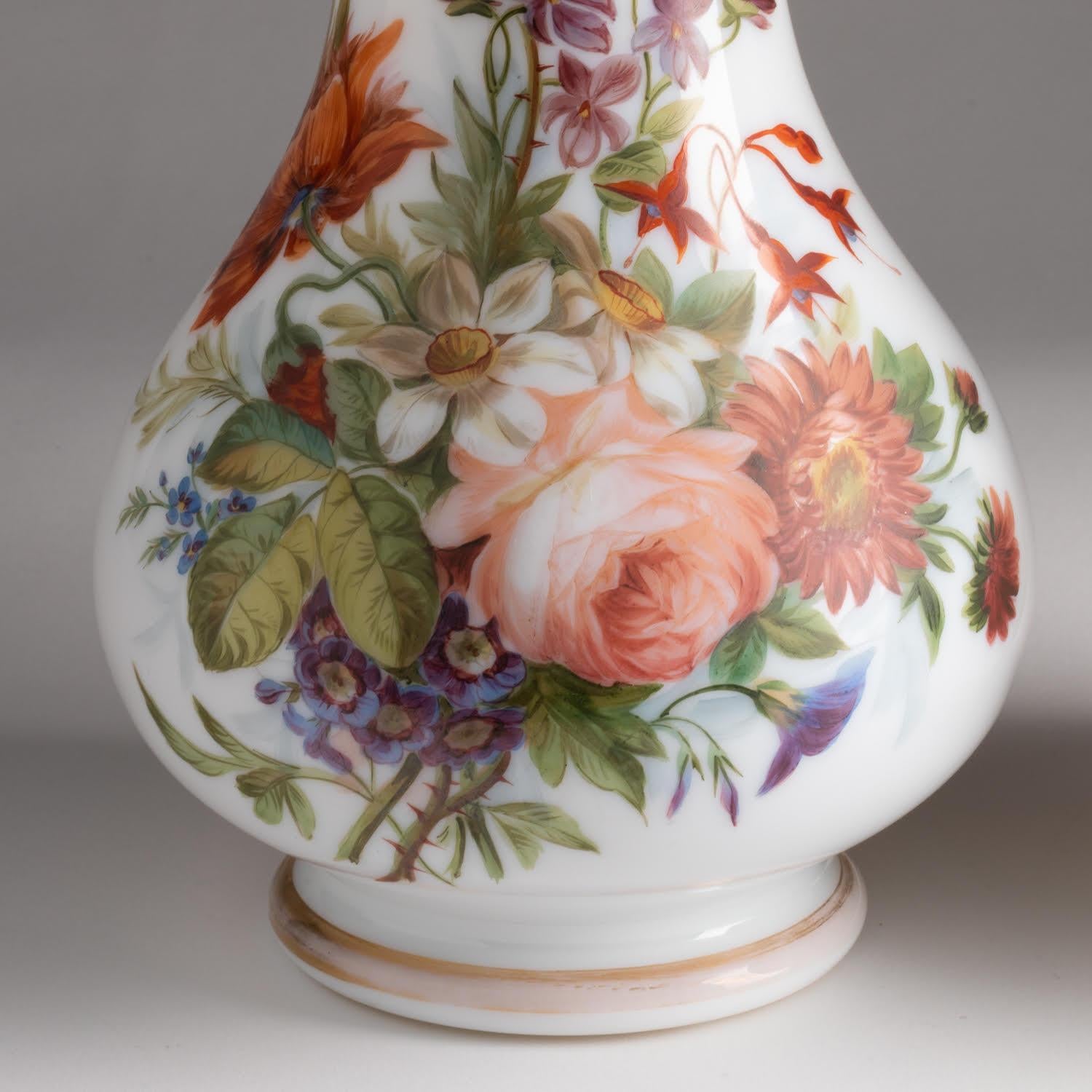 Napoleon III Pair of Opaline Vases Painted with Floral Motifs, 19th Century. For Sale
