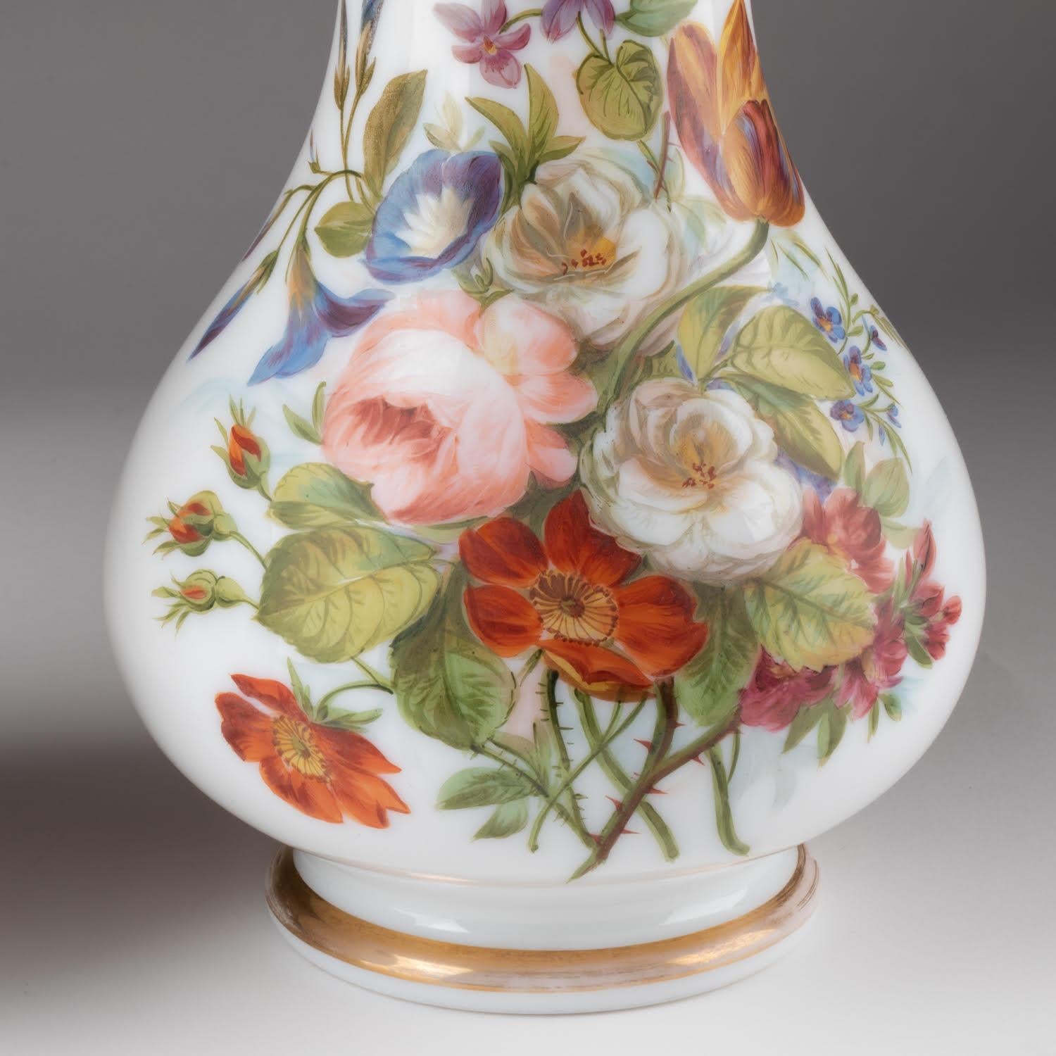 French Pair of Opaline Vases Painted with Floral Motifs, 19th Century. For Sale