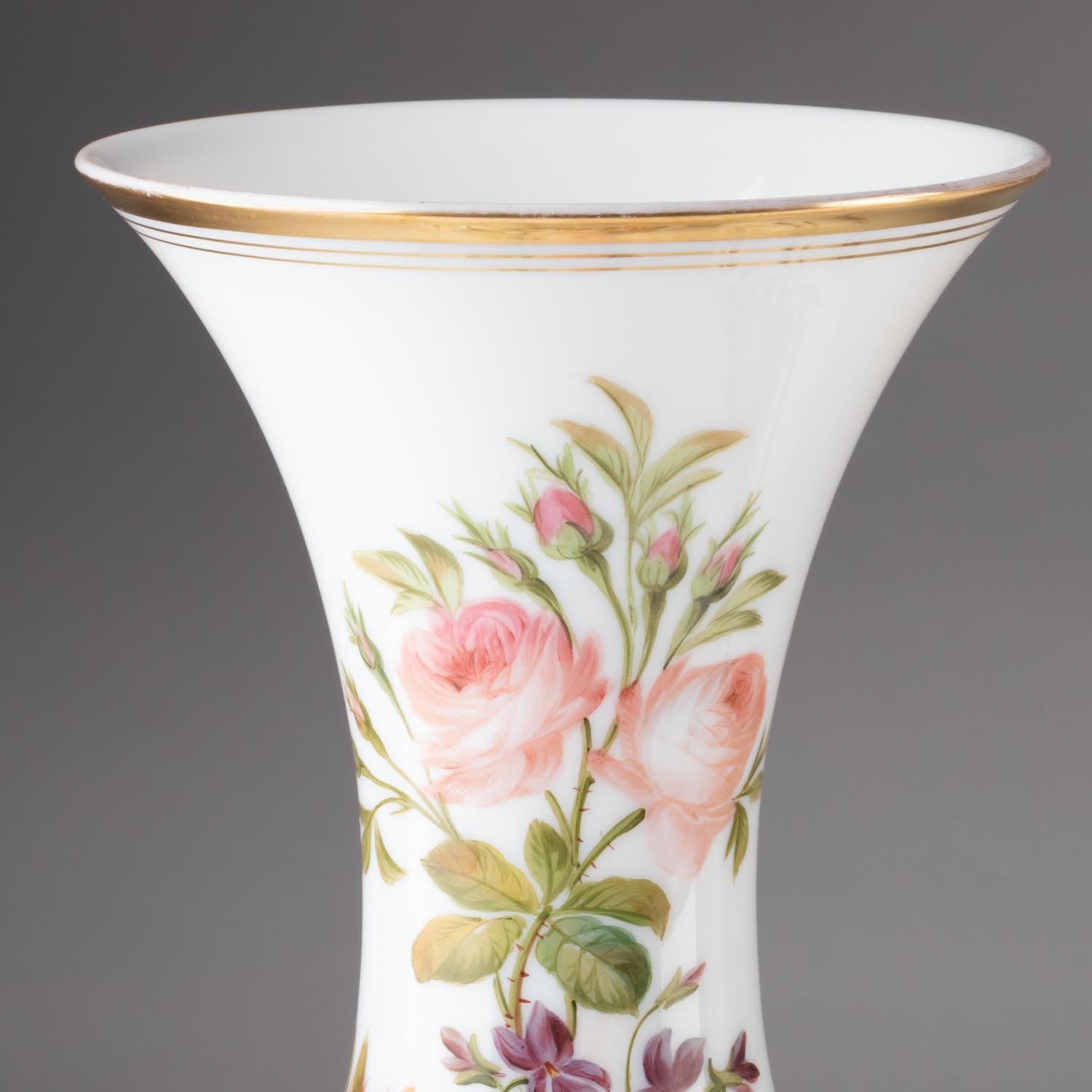 Opaline Glass Pair of Opaline Vases Painted with Floral Motifs, 19th Century. For Sale