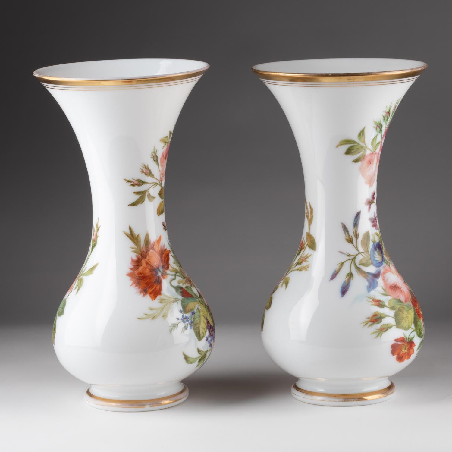 Pair of Opaline Vases Painted with Floral Motifs, 19th Century. For Sale 1