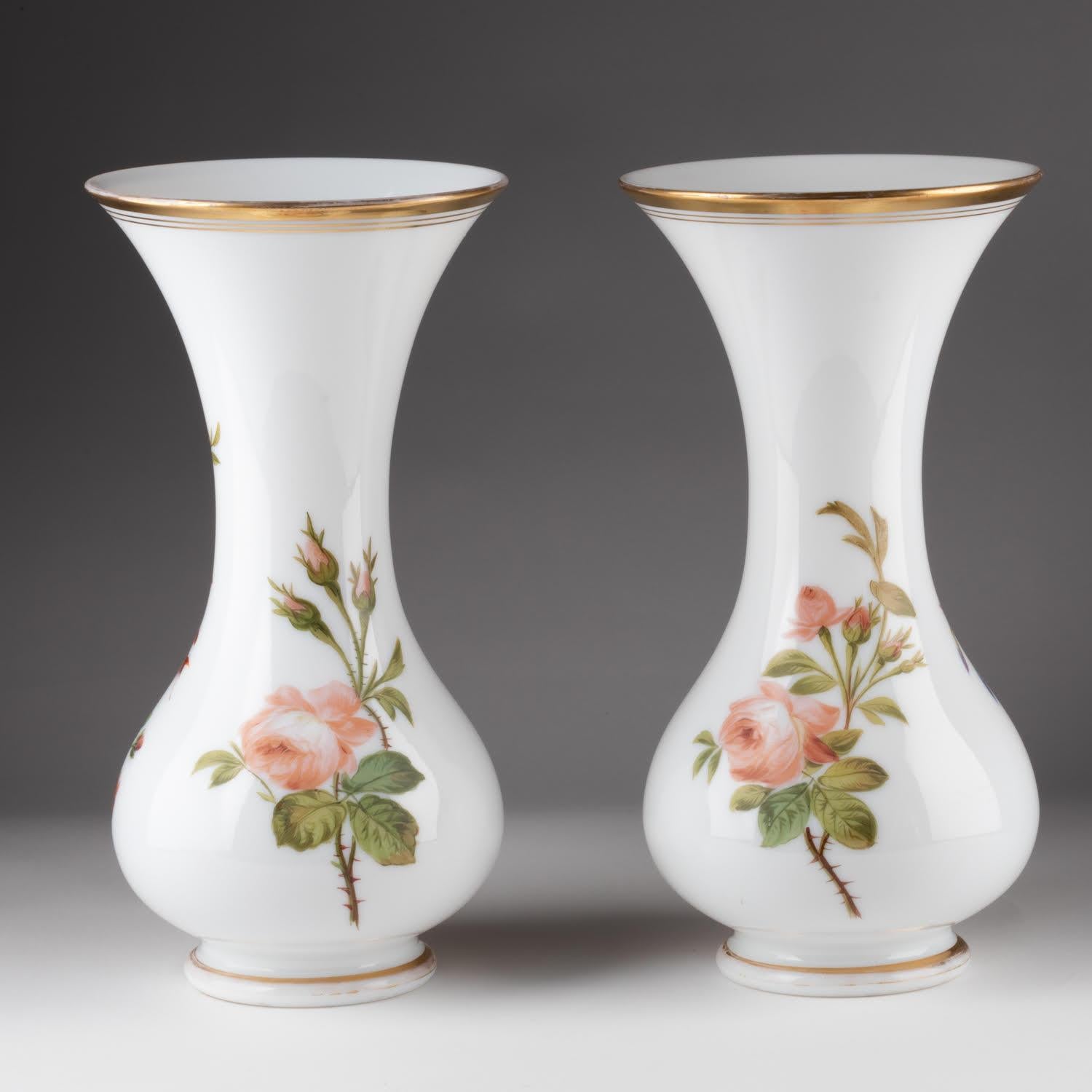 Pair of Opaline Vases Painted with Floral Motifs, 19th Century. For Sale 2