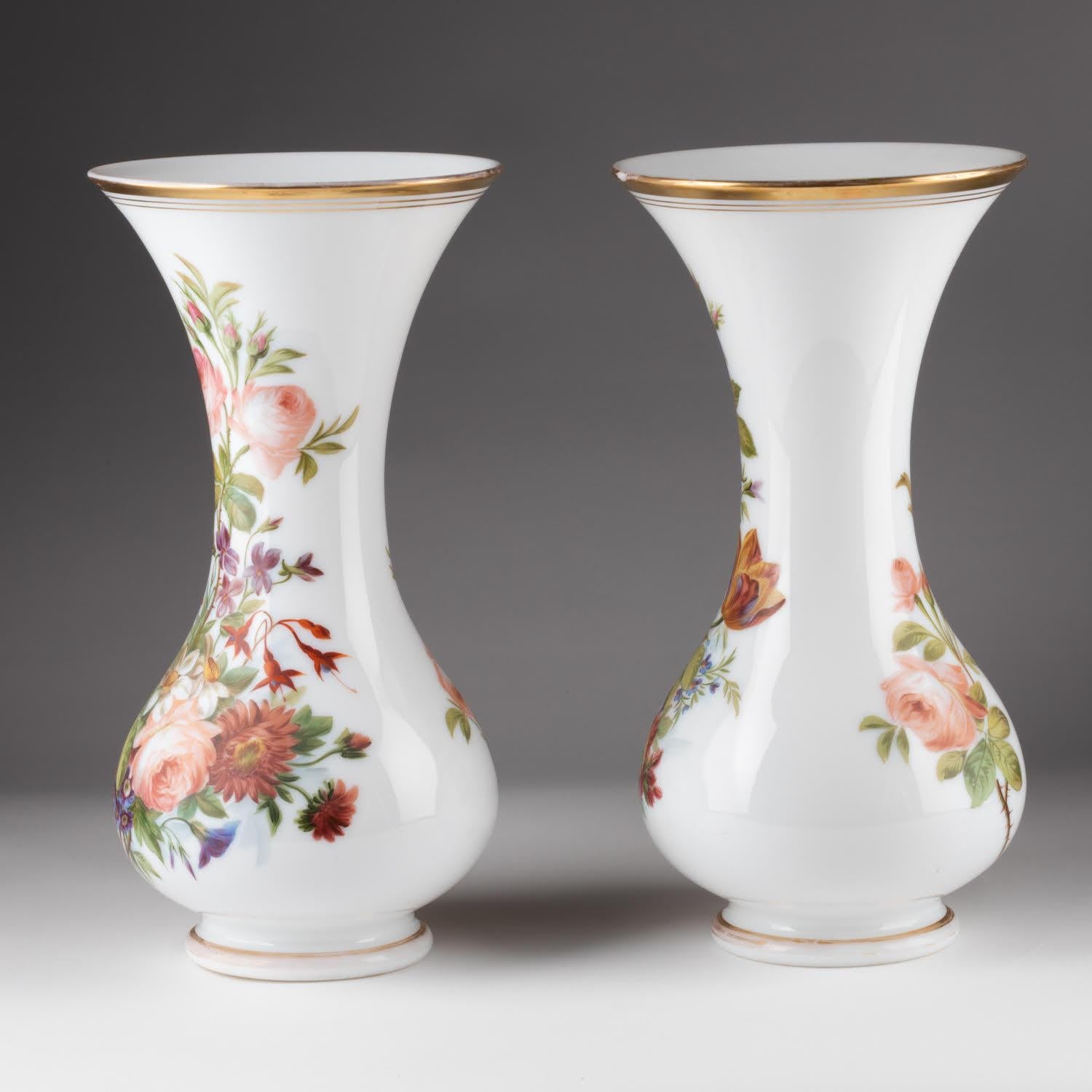 Pair of Opaline Vases Painted with Floral Motifs, 19th Century. For Sale 3