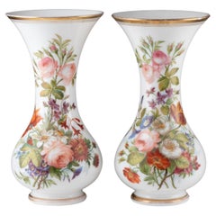 Antique Pair of Opaline Vases Painted with Floral Motifs, 19th Century.