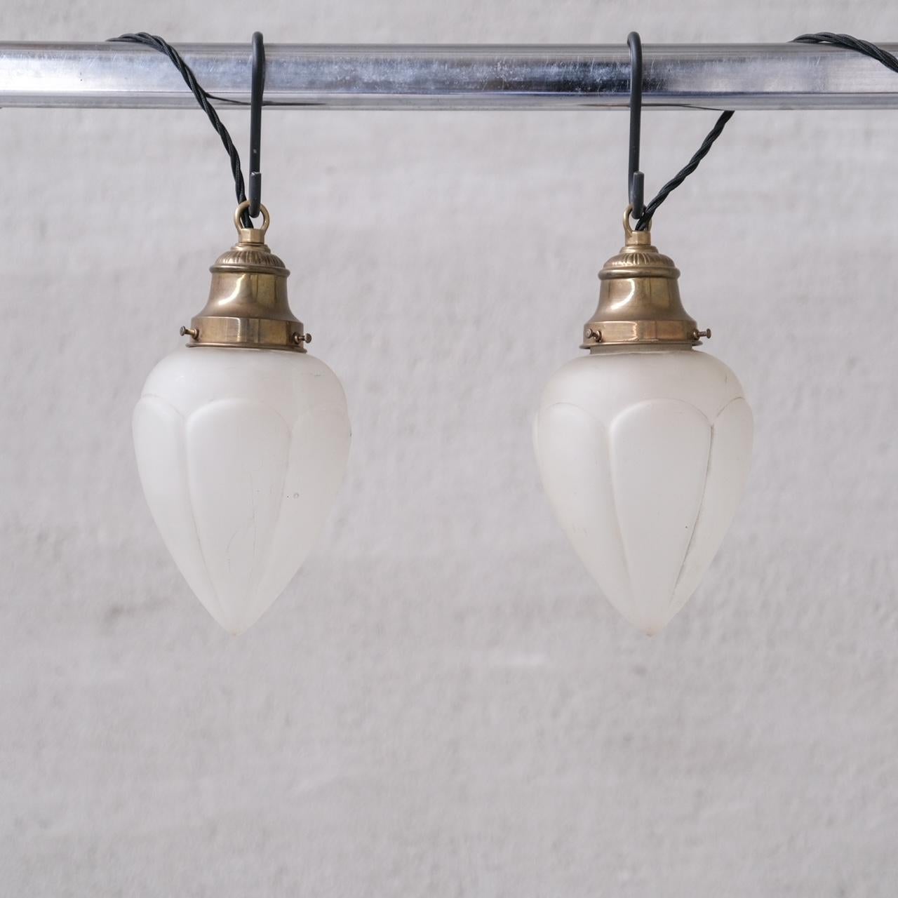 Pair of Opaque Glass and Brass French Opaline Pendants  For Sale 3