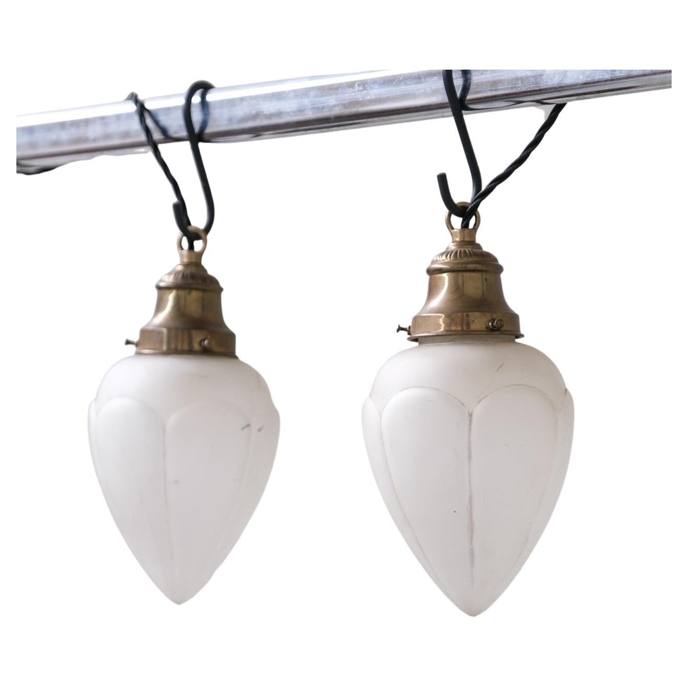 Pair of Opaque Glass and Brass French Opaline Pendants  For Sale