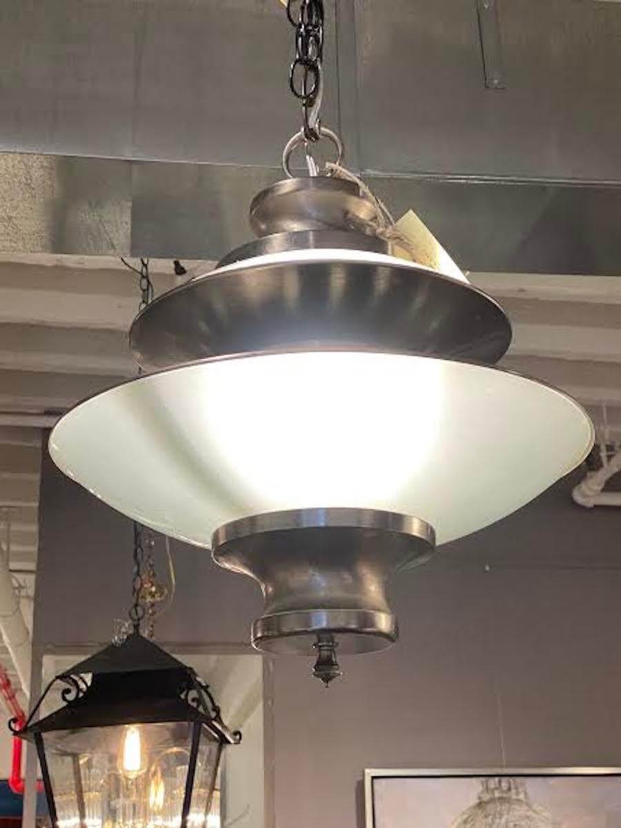 Pair of Opaque Glass with Brushed Aluminum Pendant Lights, France, 1970s In Good Condition In New York, NY