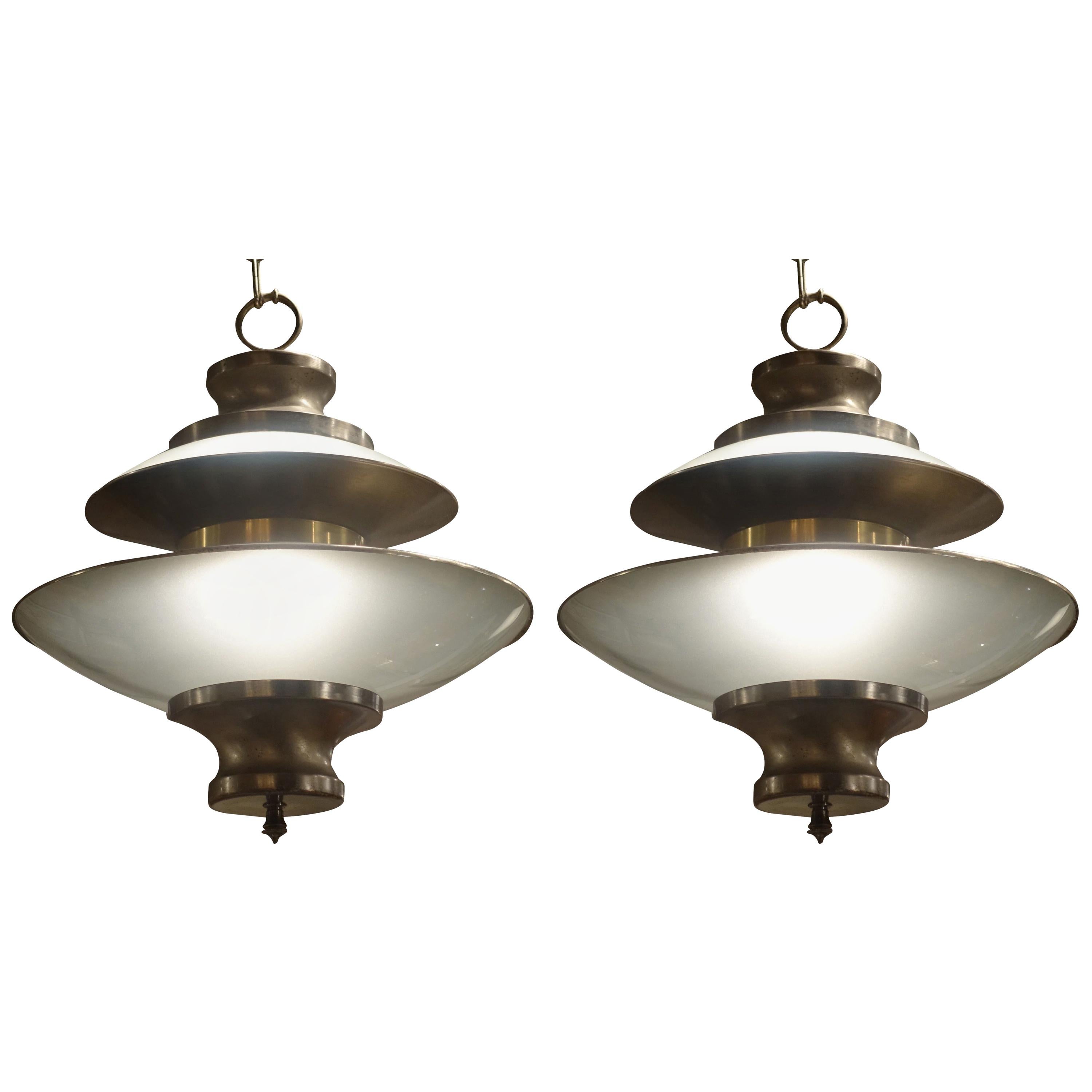 Pair of Opaque Glass with Brushed Aluminum Pendant Lights, France, 1970s
