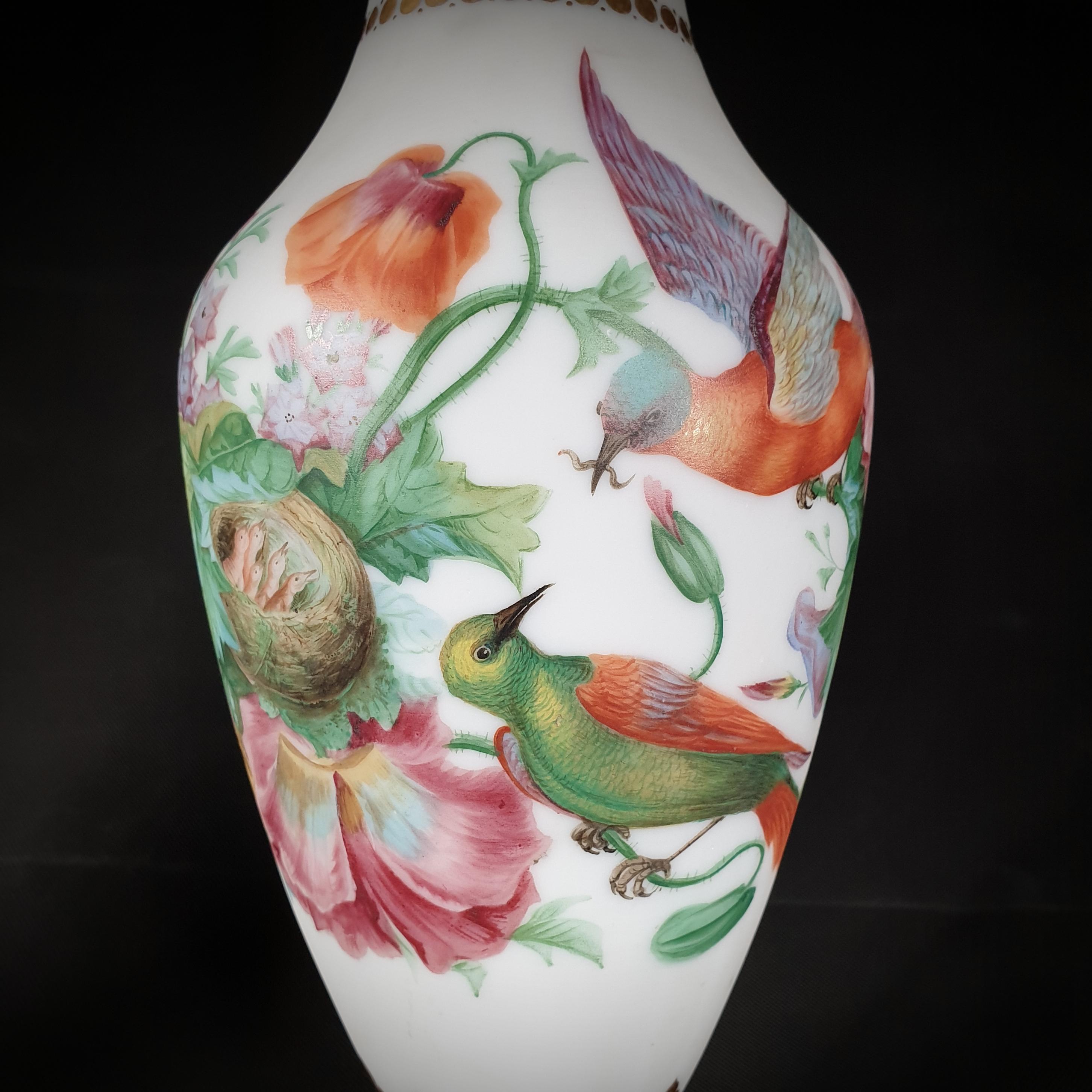 French Pair of Opaque Opaline Glass Vases Hand-Painted with Birds and Flowers Late 19th For Sale