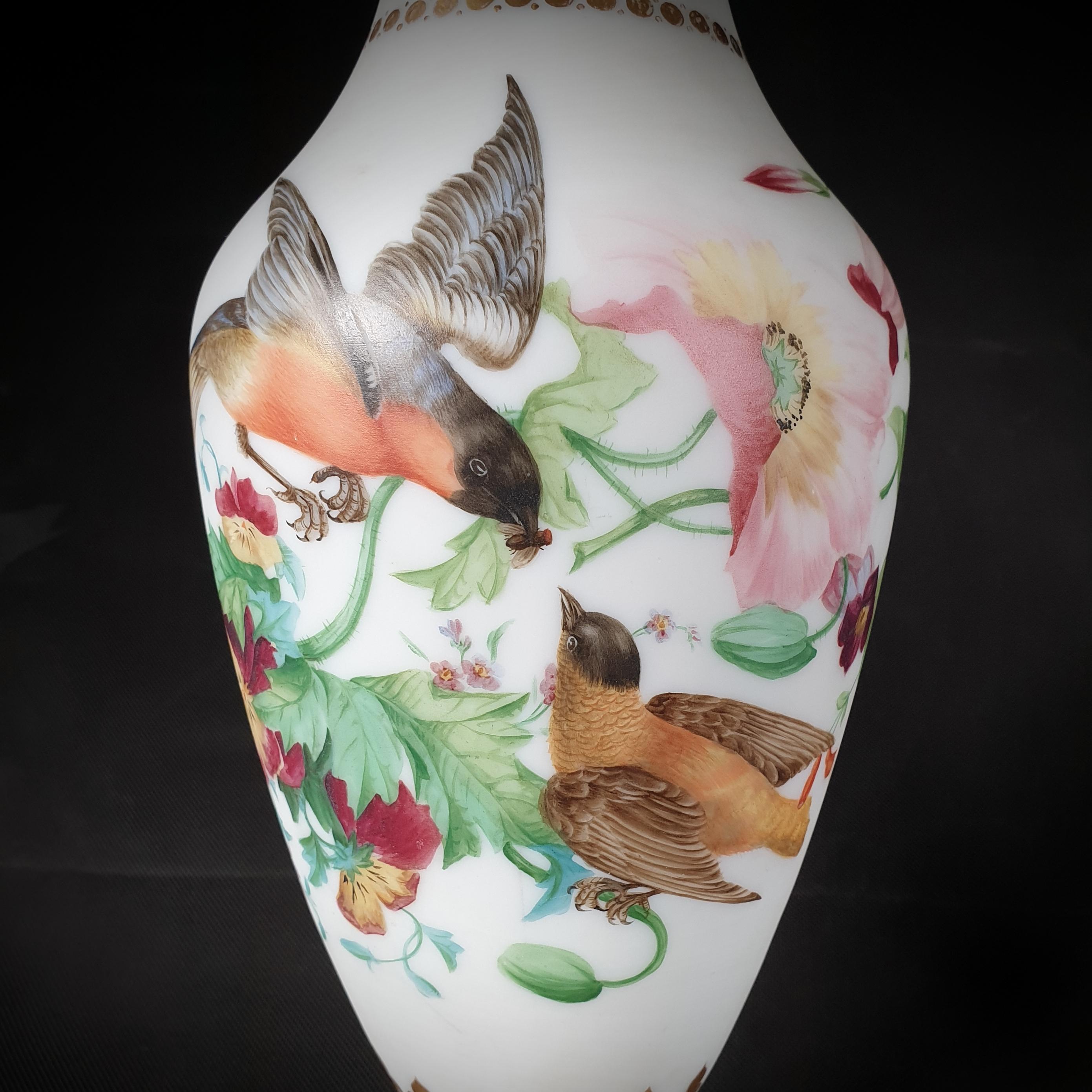 Cast Pair of Opaque Opaline Glass Vases Hand-Painted with Birds and Flowers Late 19th For Sale