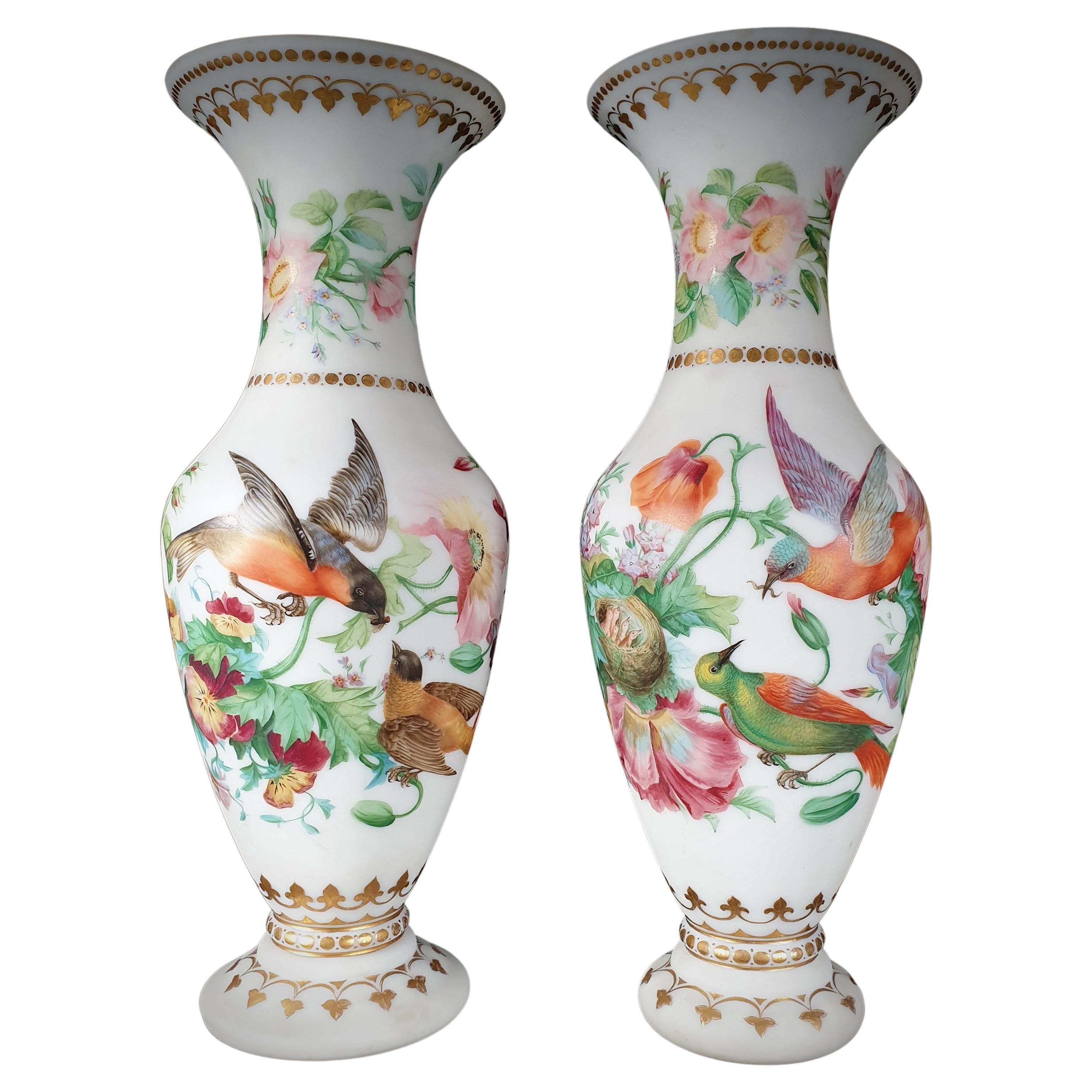 Pair of Opaque Opaline Glass Vases Hand-Painted with Birds and Flowers Late 19th For Sale