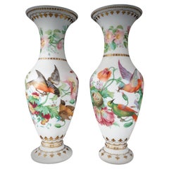 Pair of Opaque Opaline Glass Vases Hand-Painted with Birds and Flowers Late 19th