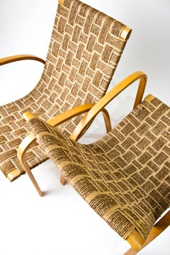 Pair of  Open Arm Chairs Woven Seats, France 1950s