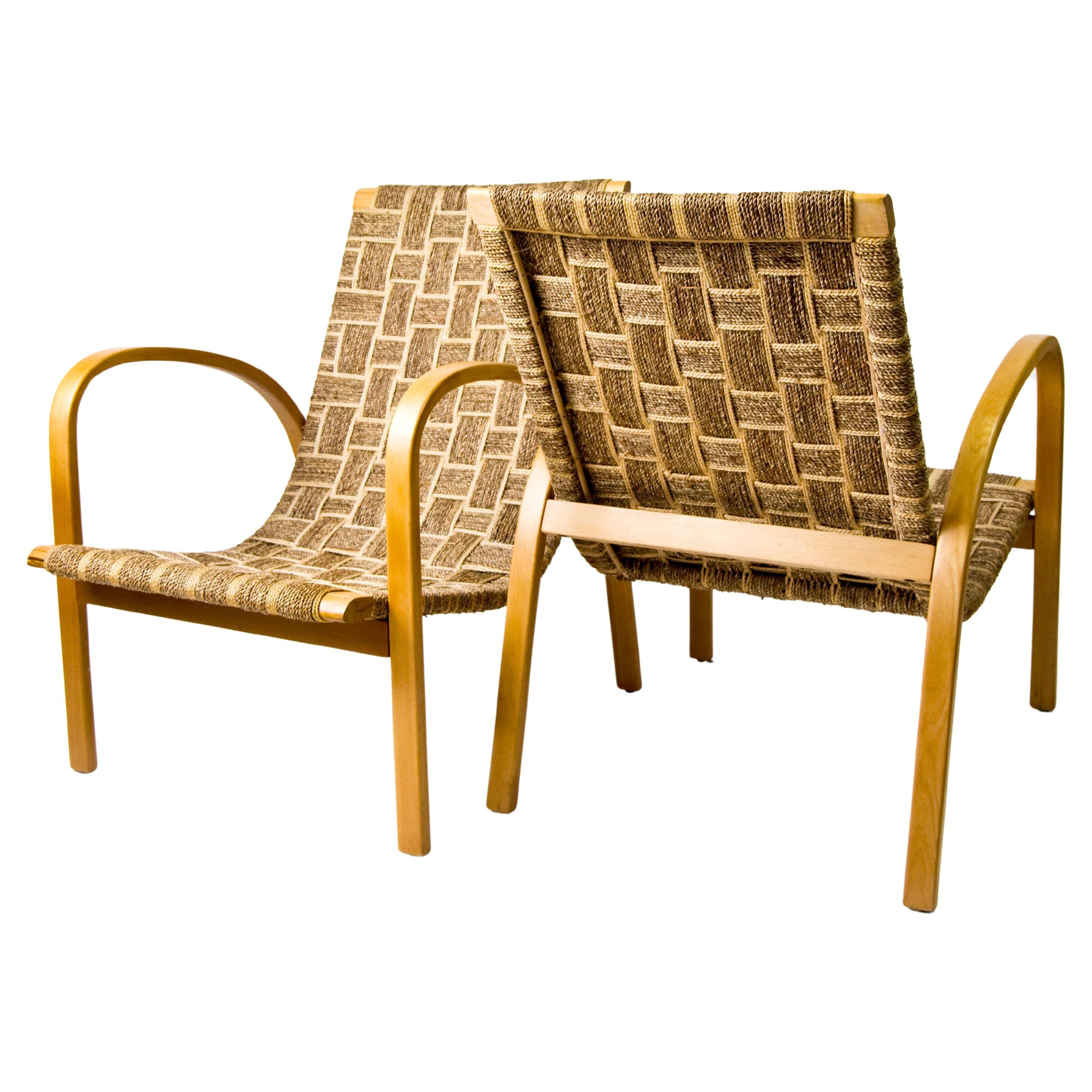 Pair of  Open Arm Chairs Woven Seats, France 1950s For Sale