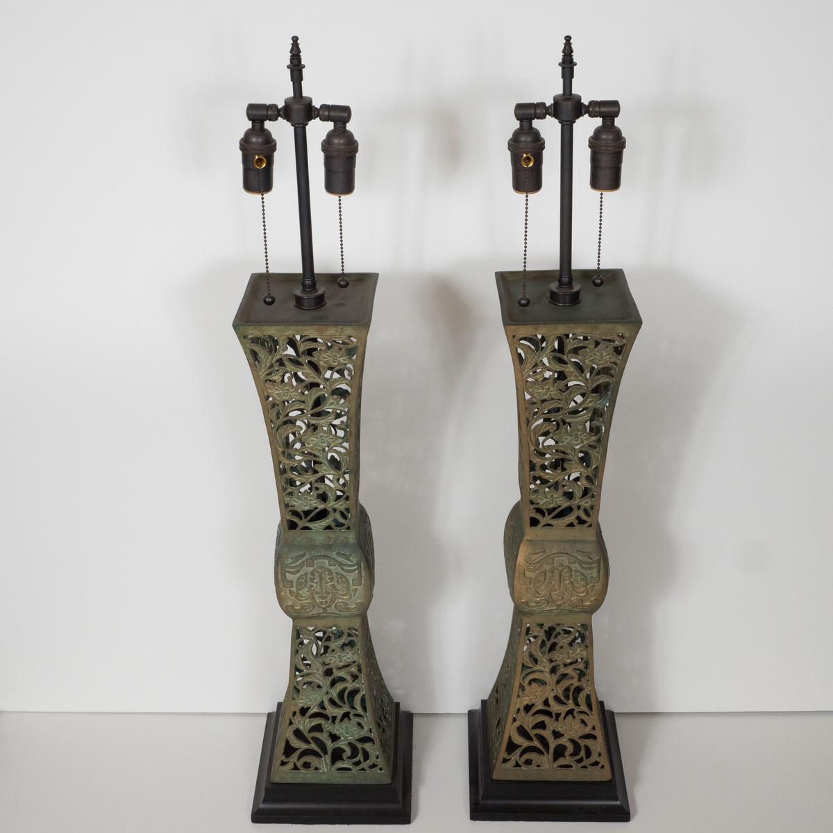 Pair of Openwork Patinated Bronze Table Lamps For Sale 8
