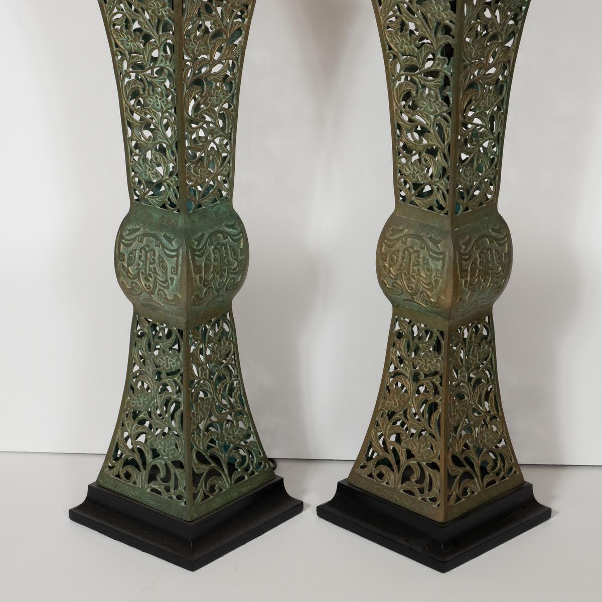 Pair of Openwork Patinated Bronze Table Lamps For Sale 9