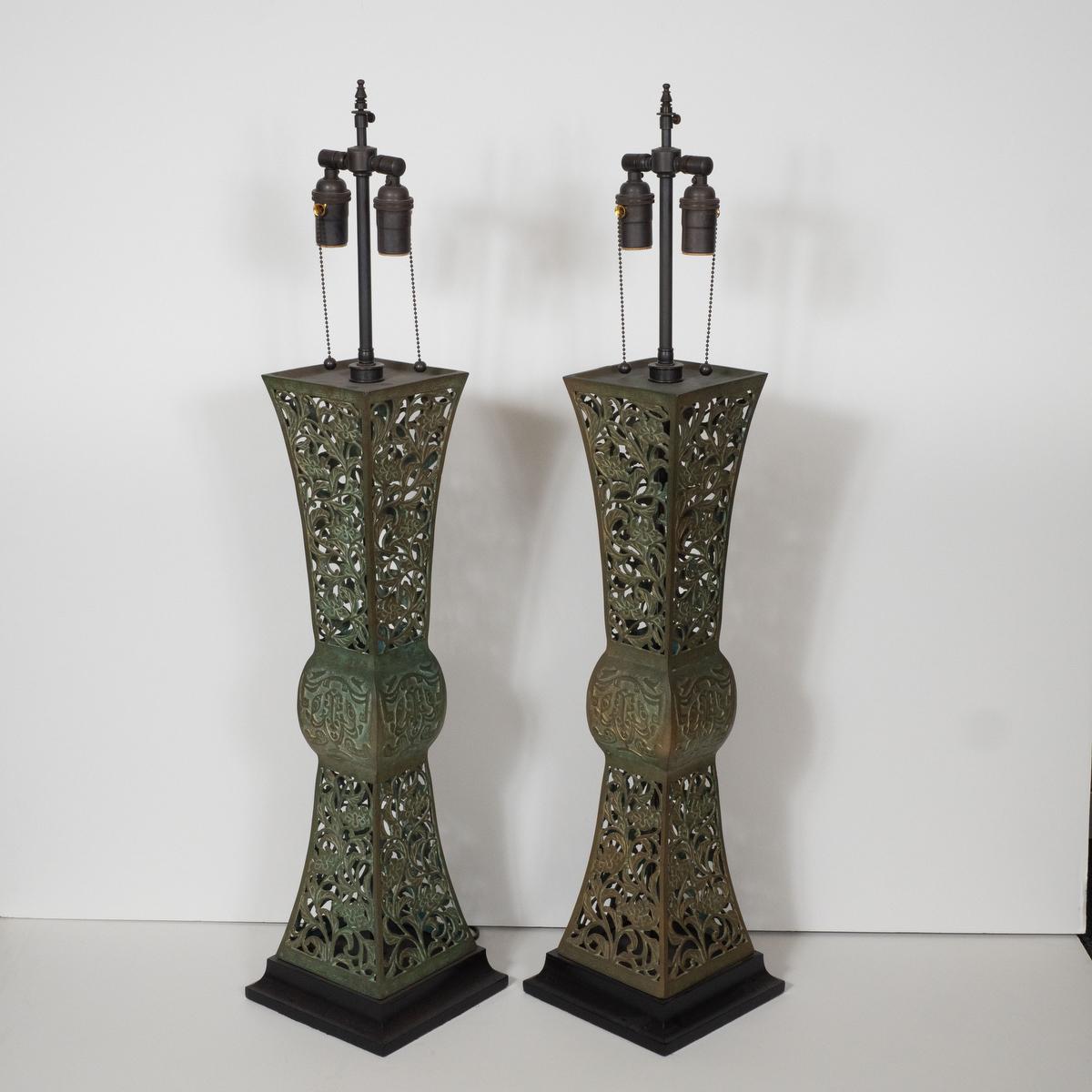 Japanese Pair of Openwork Patinated Bronze Table Lamps For Sale