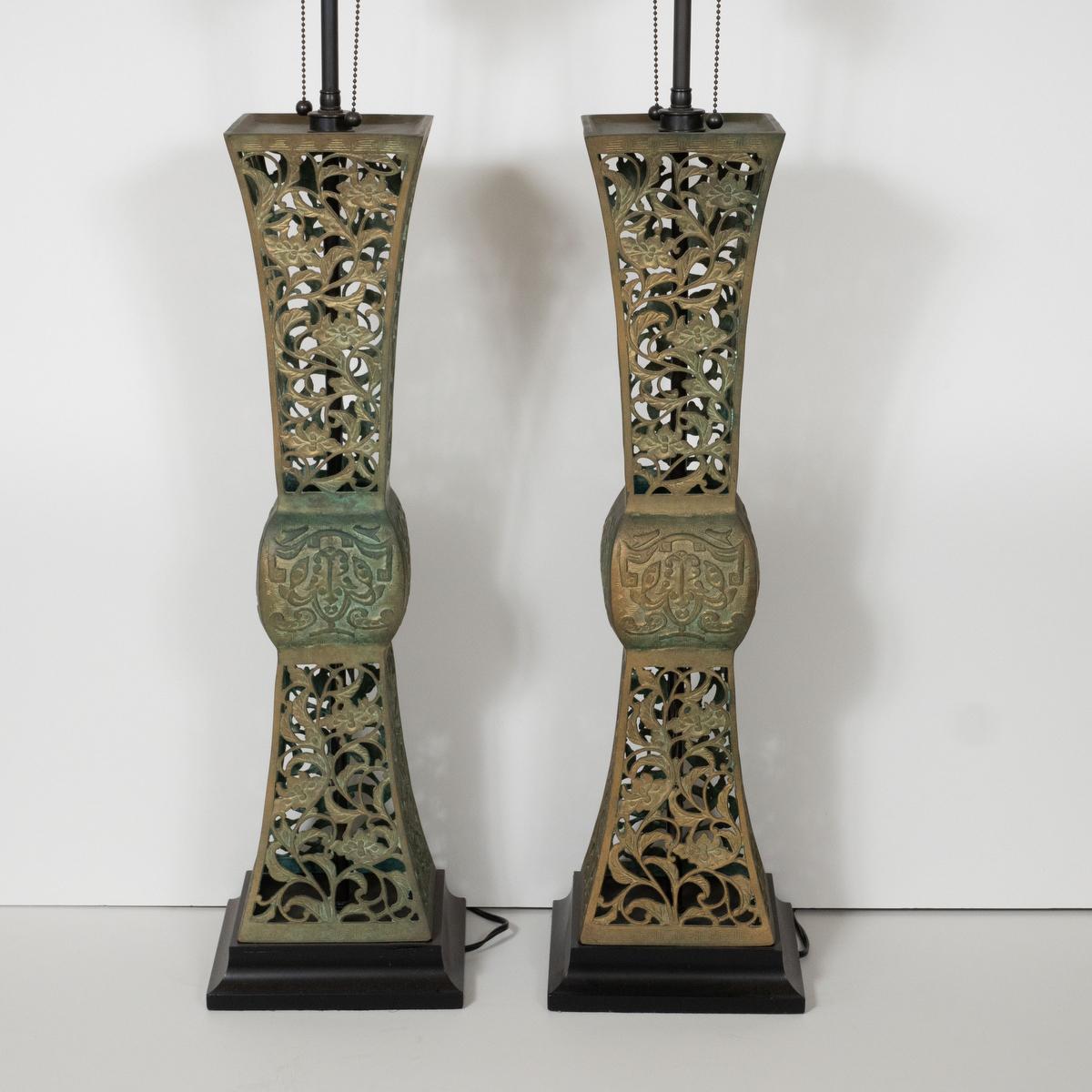 Pair of Openwork Patinated Bronze Table Lamps For Sale 1