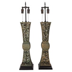 Pair of Openwork Patinated Bronze Table Lamps