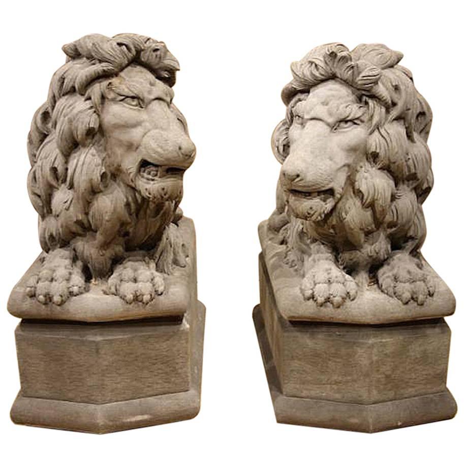 Pair of Opposing Stone Lions Highly Detailed For Sale