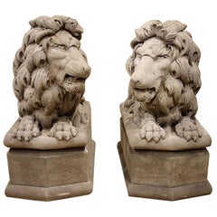 Pair of Opposing Stone Lions Highly Detailed