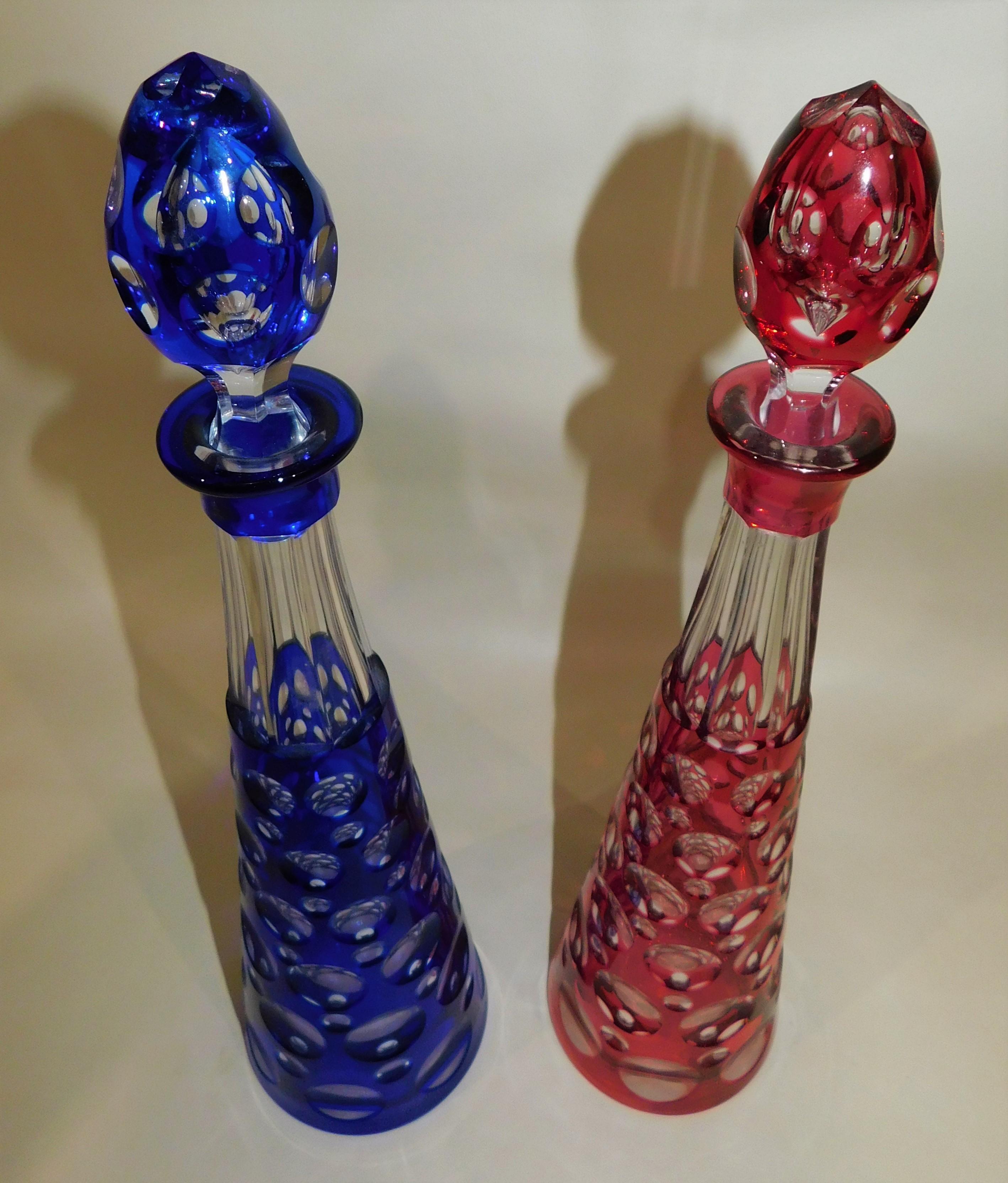Pair of Optic Red and Blue Cut-to-Clear Bohemian/Czech Art Glass Decanters 3
