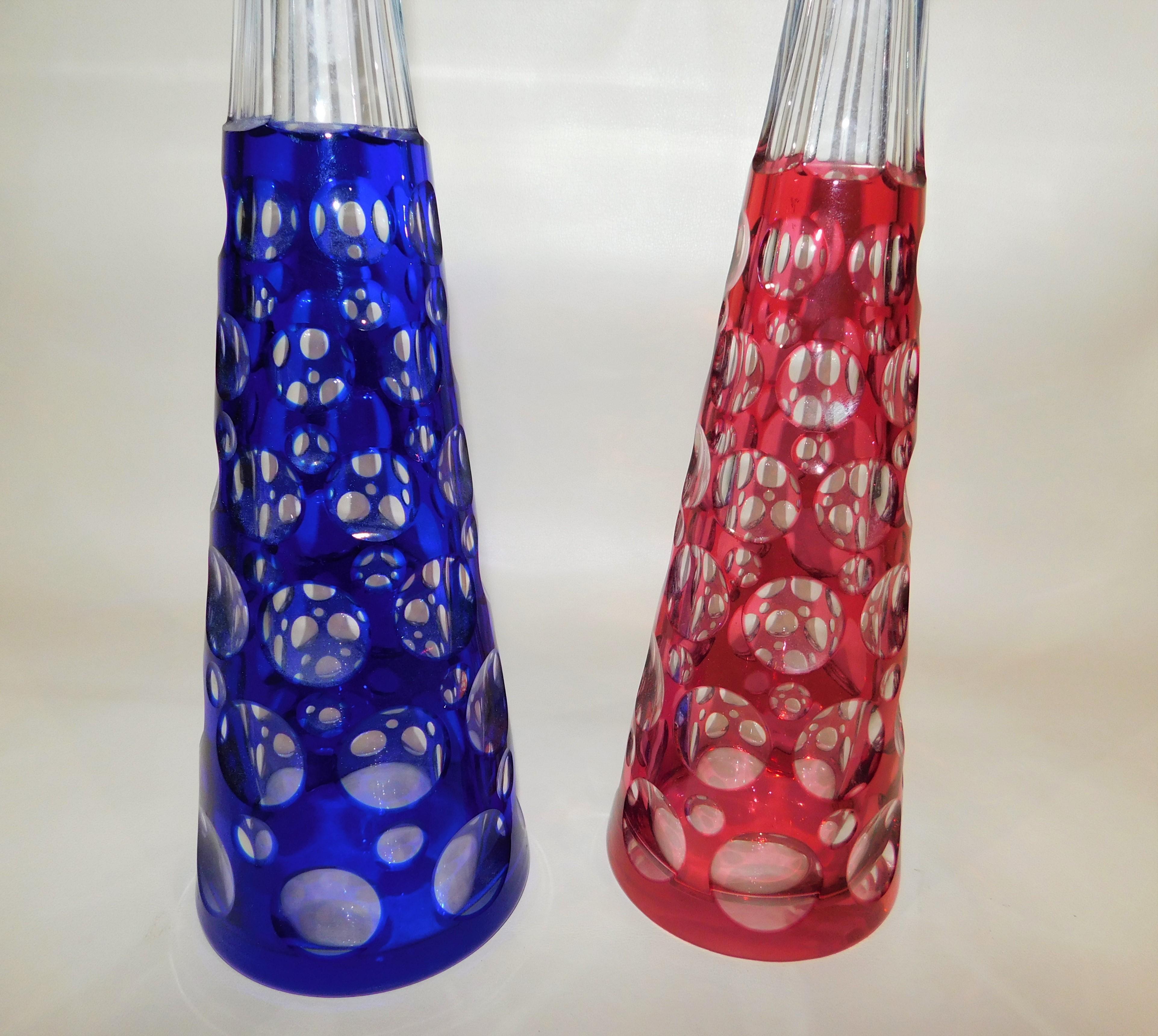 Pair of Optic Red and Blue Cut-to-Clear Bohemian/Czech Art Glass Decanters 4