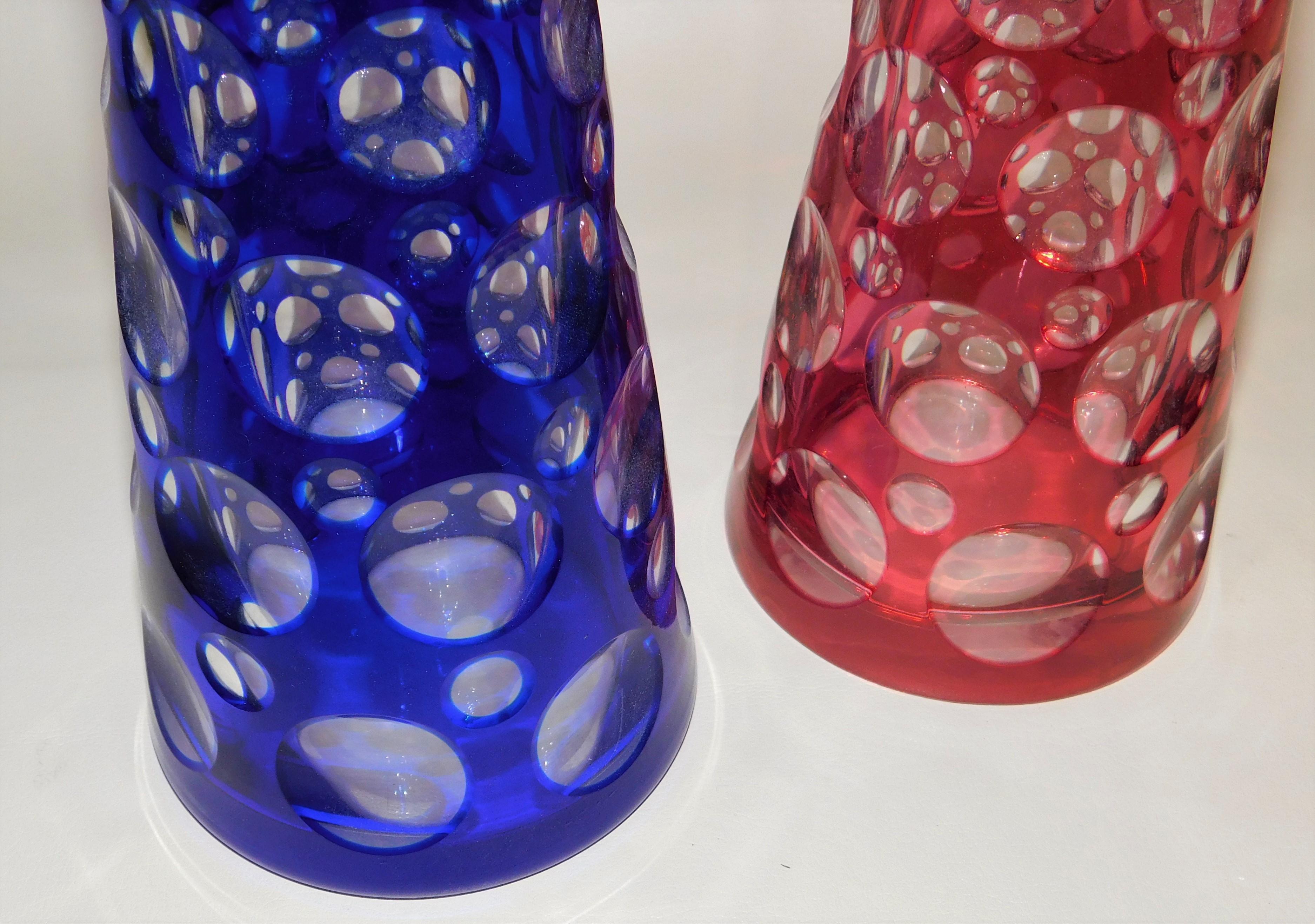 Pair of Optic Red and Blue Cut-to-Clear Bohemian/Czech Art Glass Decanters In Good Condition In Hamilton, Ontario