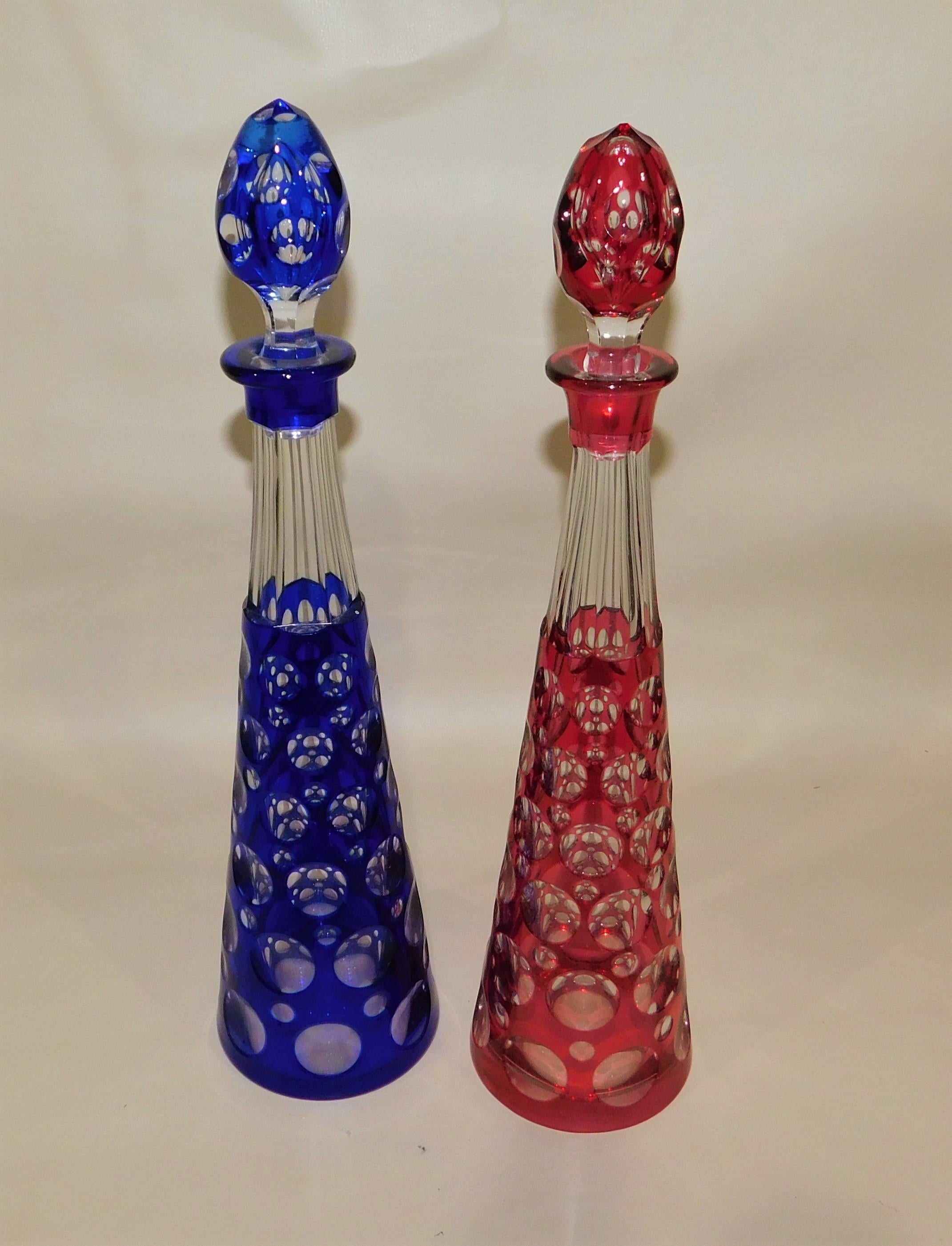 20th Century Pair of Optic Red and Blue Cut-to-Clear Bohemian/Czech Art Glass Decanters