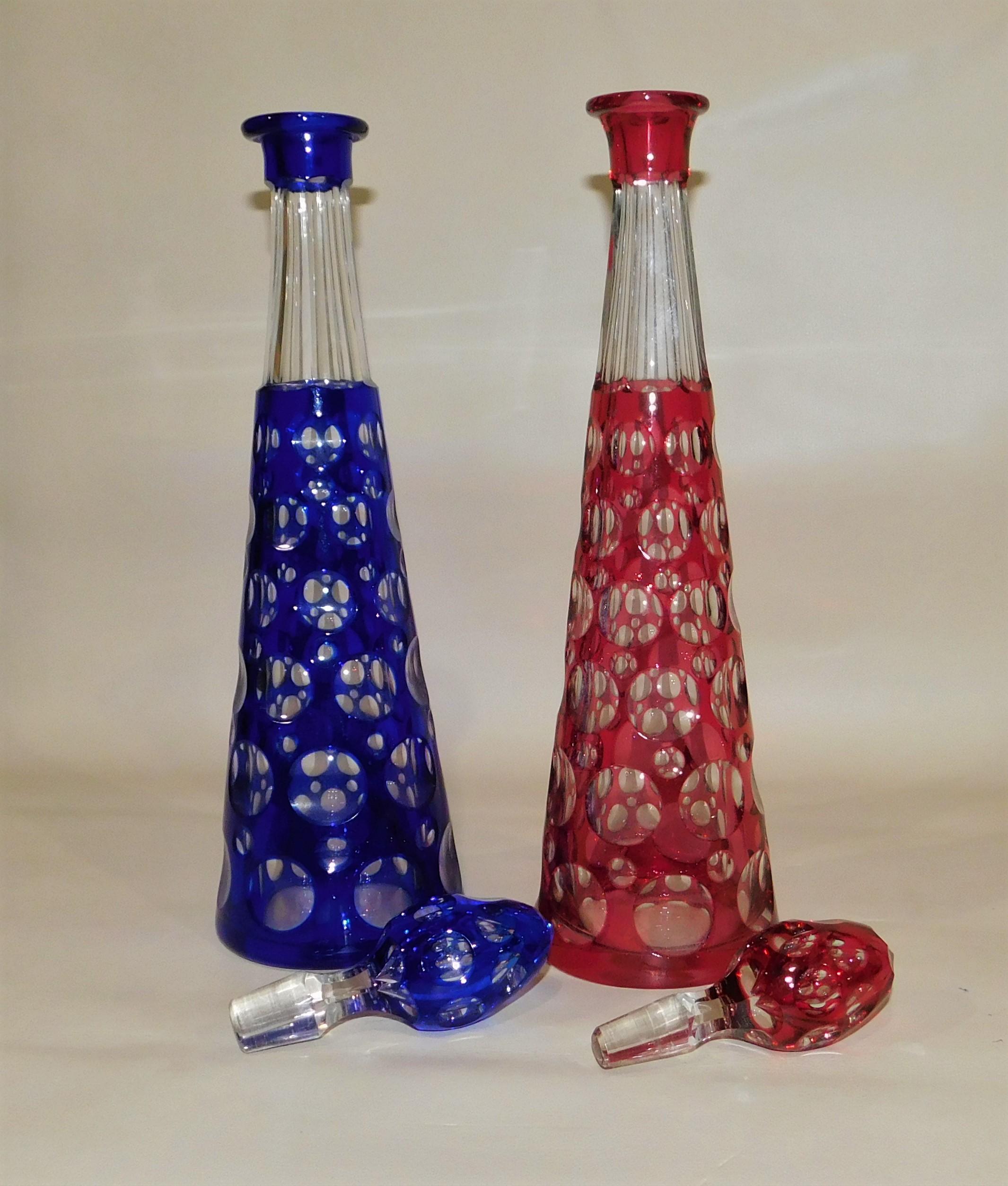 Pair of Optic Red and Blue Cut-to-Clear Bohemian/Czech Art Glass Decanters 1