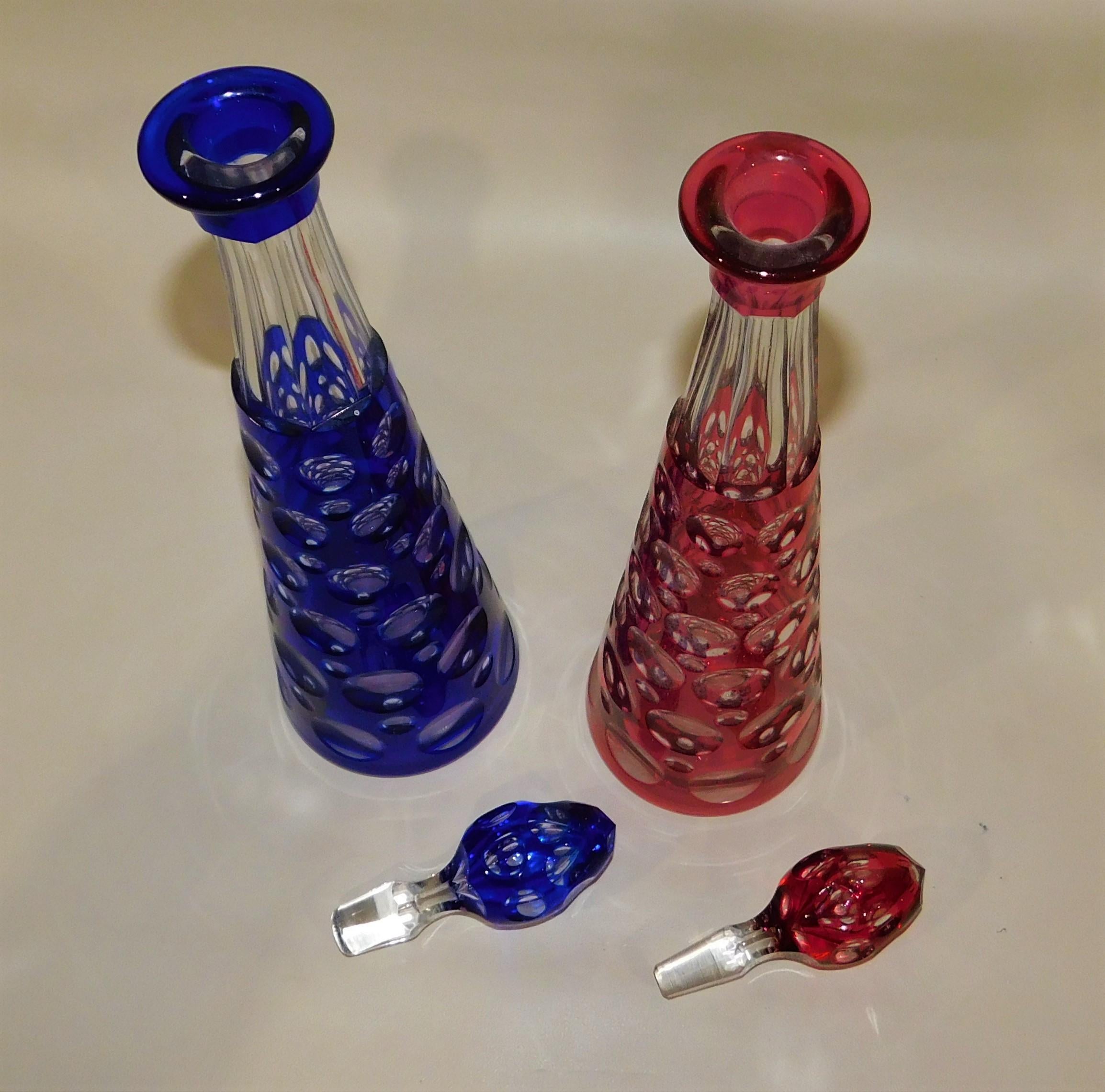 Pair of Optic Red and Blue Cut-to-Clear Bohemian/Czech Art Glass Decanters 2
