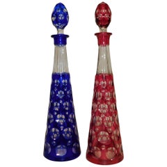 Vintage Pair of Optic Red and Blue Cut-to-Clear Bohemian/Czech Art Glass Decanters