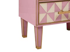 Pair of Optical Effect Italian Nightstands Pink & White Murano Glass with Brass