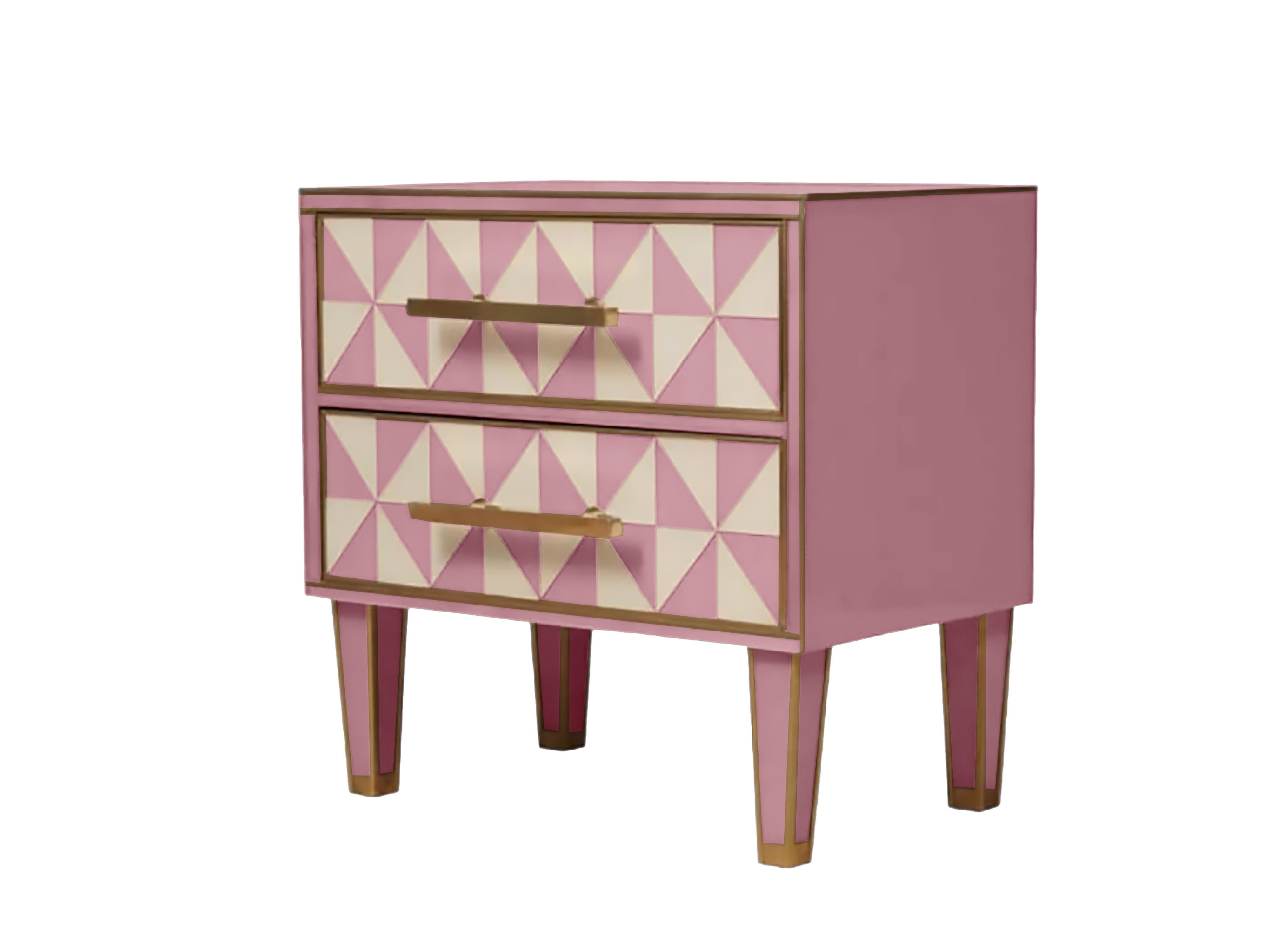 Pareja de Mesillas de Noche Italianas Efecto Óptico Cristal de Murano Rosa y Blanco con Latón Moderno de mediados de siglo en venta