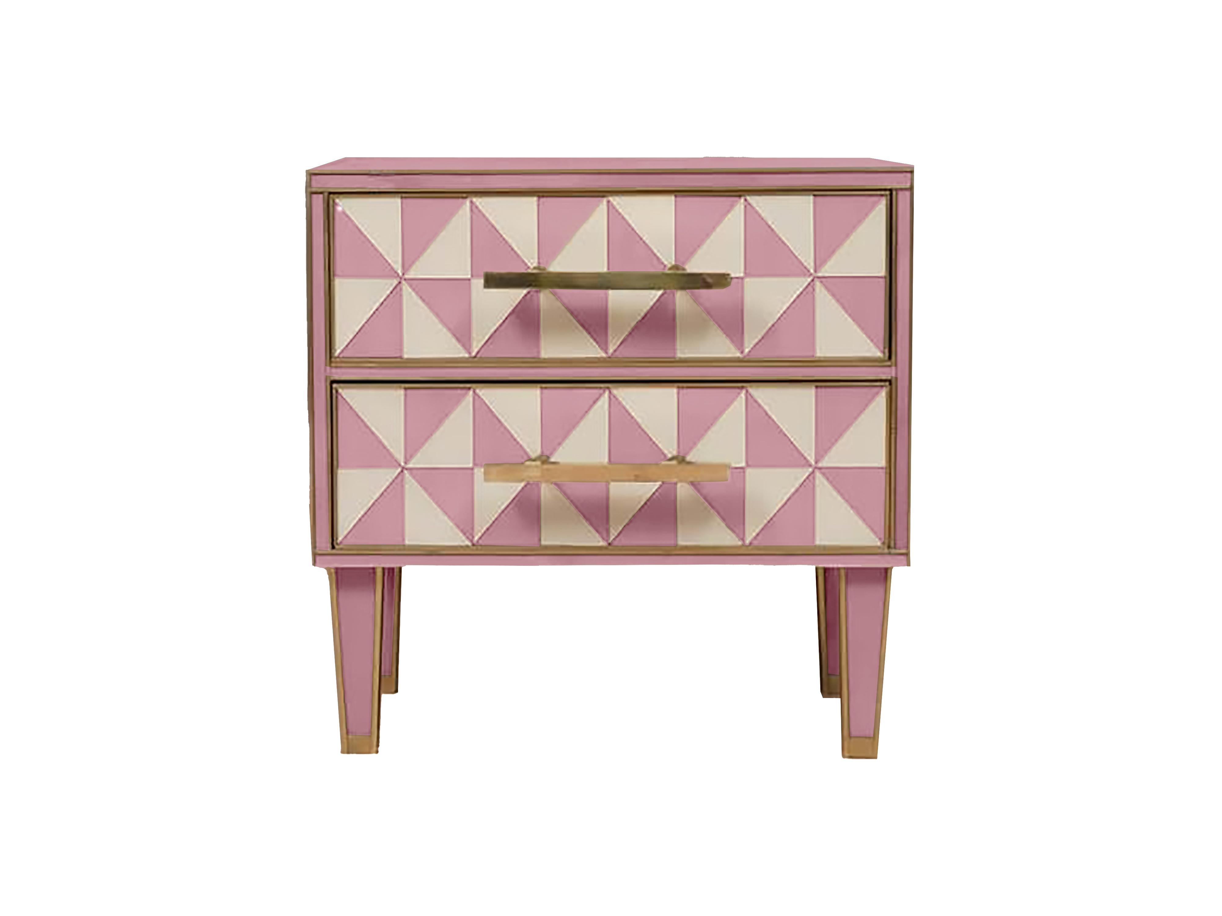 Pareja de Mesillas de Noche Italianas Efecto Óptico Cristal de Murano Rosa y Blanco con Latón Tallado a mano en venta