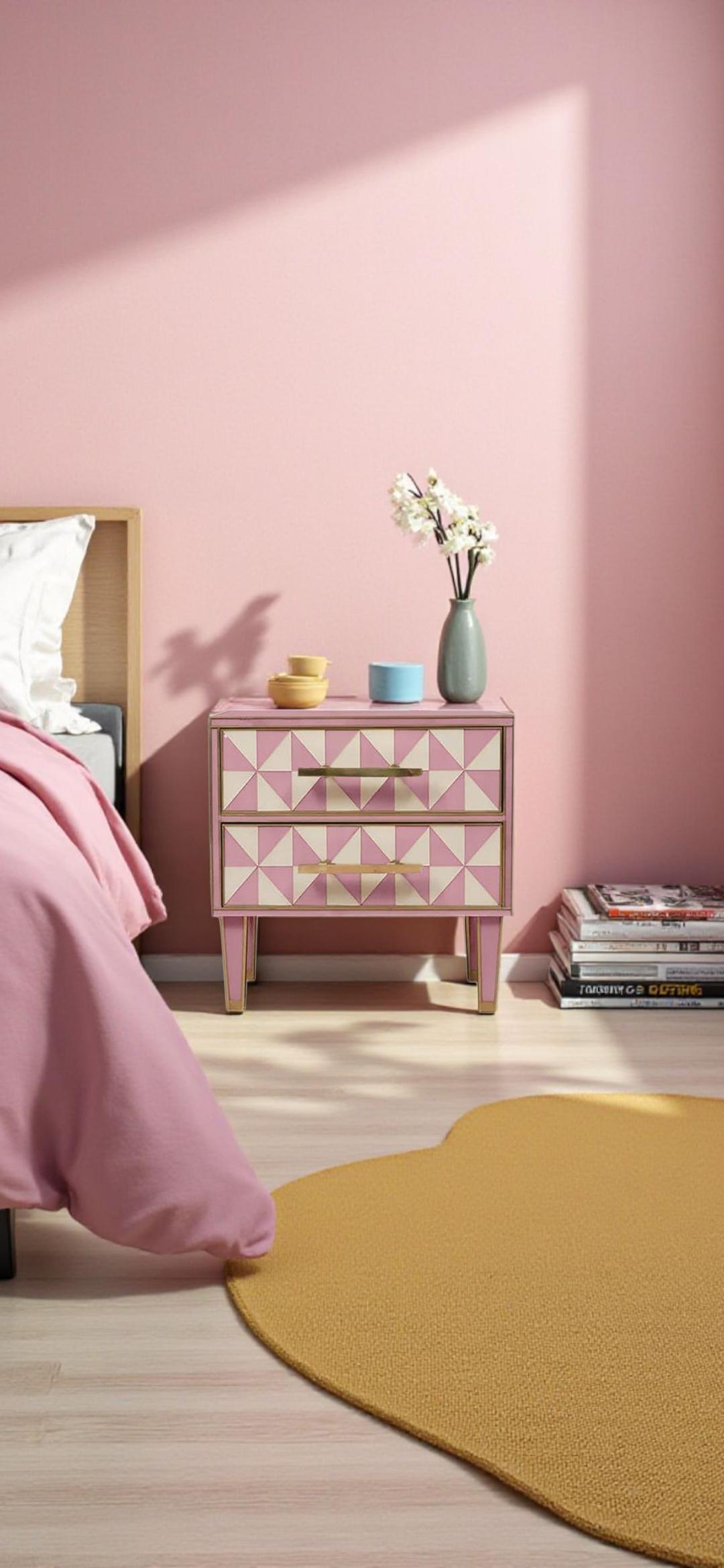 Paire de tables de nuit italiennes à effet optique Verre de Murano rose et blanc avec laiton Neuf - En vente à Guazzora, IT