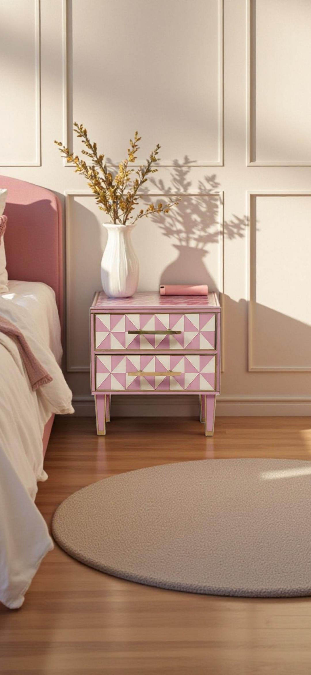 Contemporain Paire de tables de nuit italiennes à effet optique Verre de Murano rose et blanc avec laiton en vente